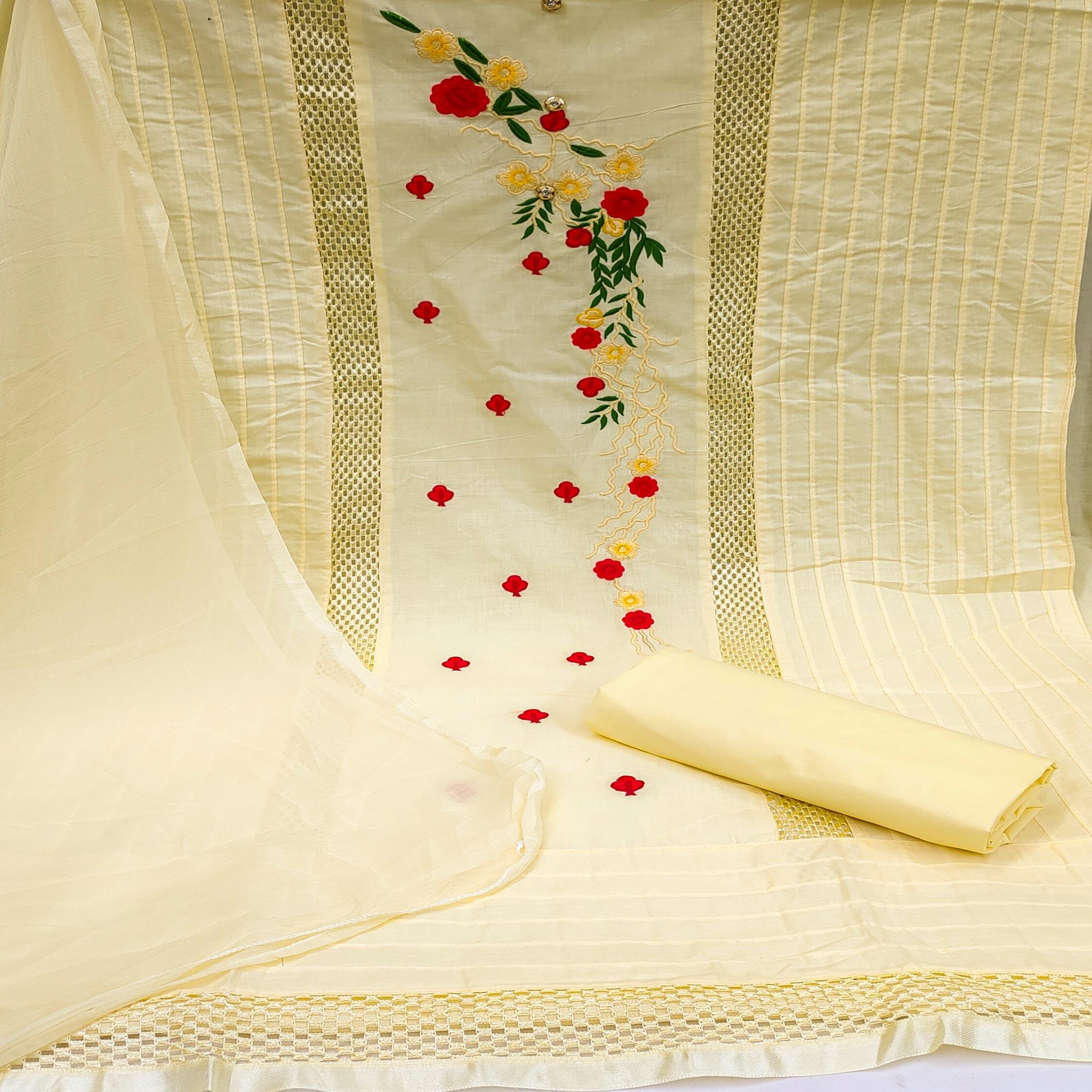 Yellow Floral Embroidered Cotton Blend Dress Material - Peachmode