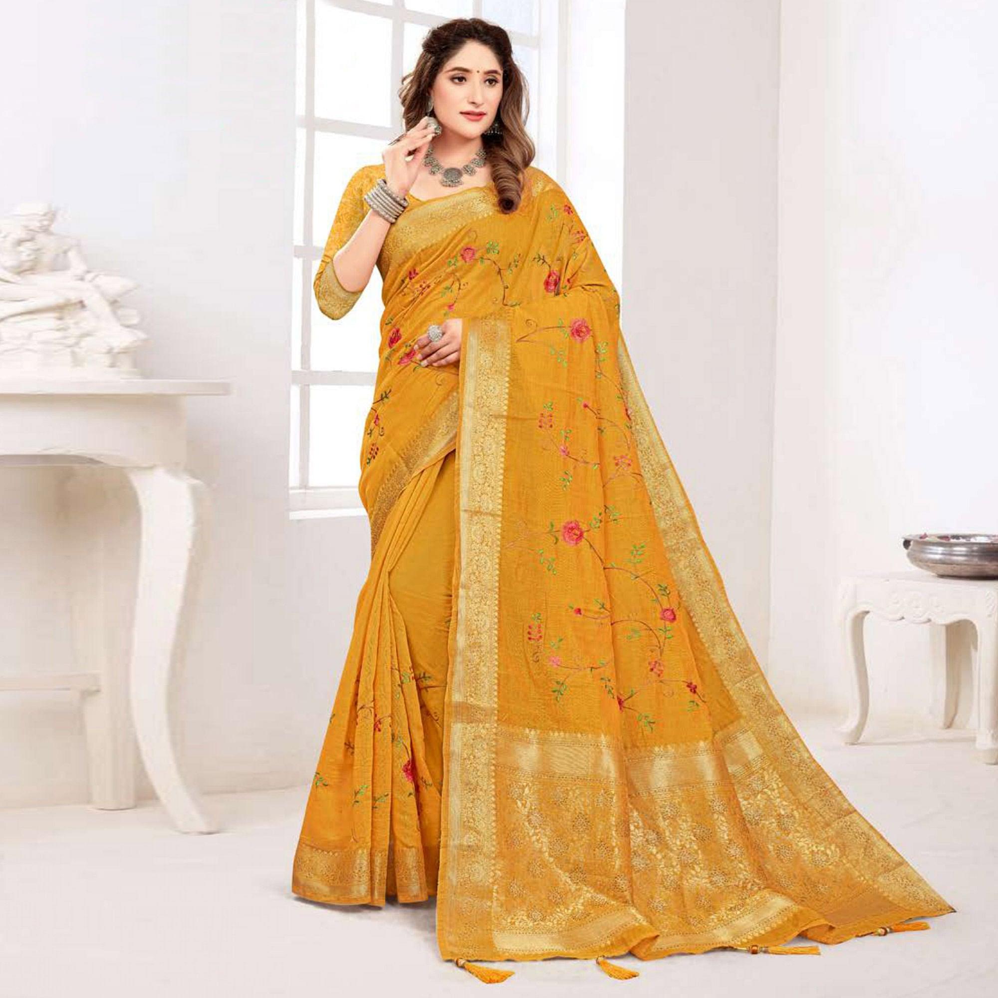 Yellow Floral Embroidered Cotton Silk Saree With Tassels - Peachmode