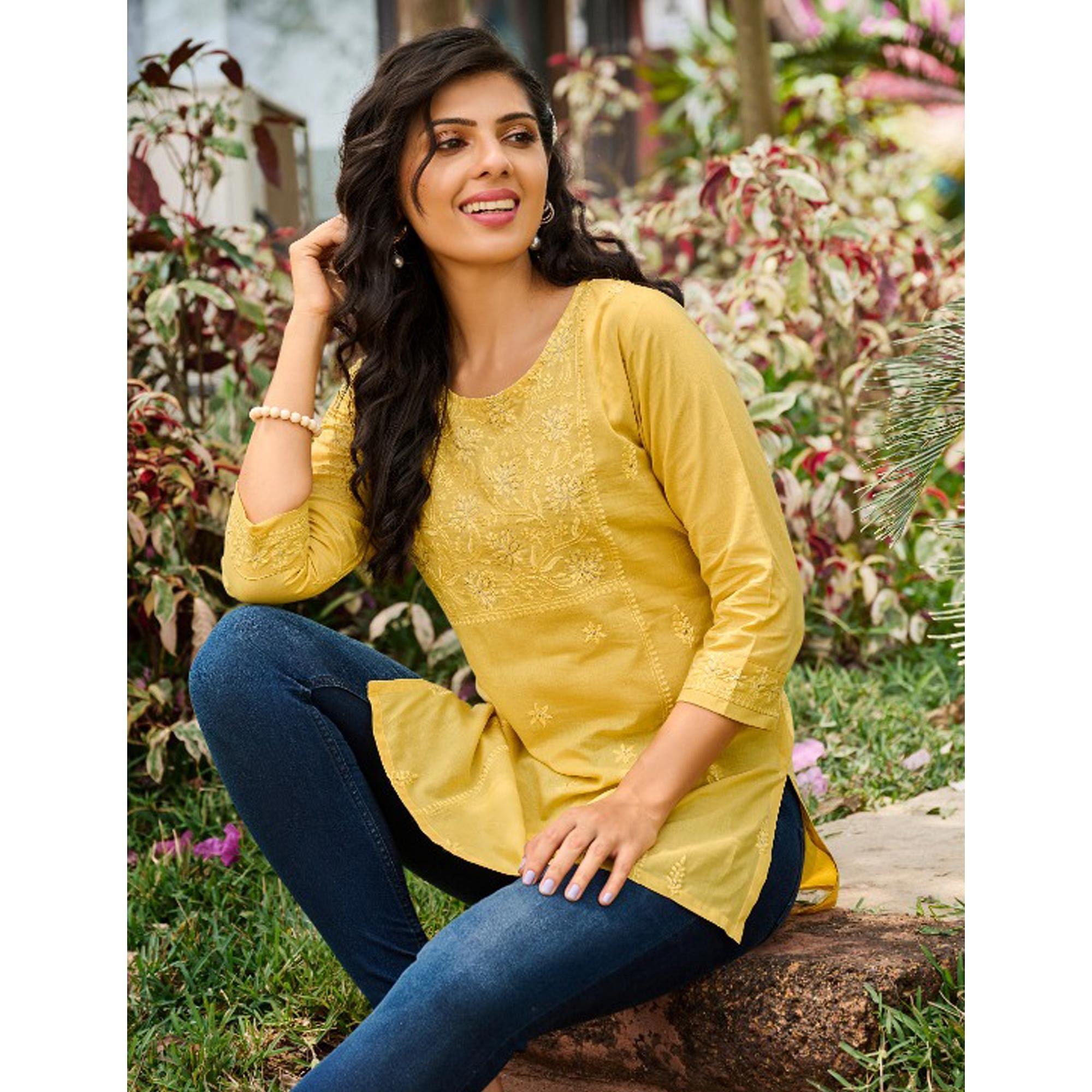 Yellow Floral Embroidered Cotton Top - Peachmode