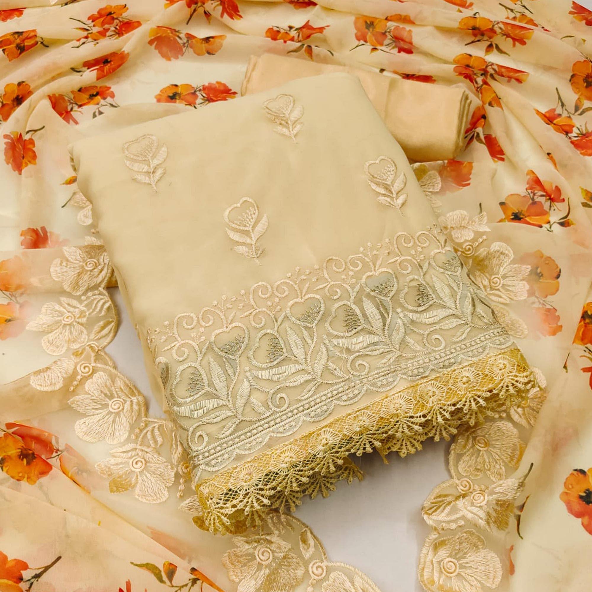 Yellow Floral Embroidered Georgette Dress Material - Peachmode