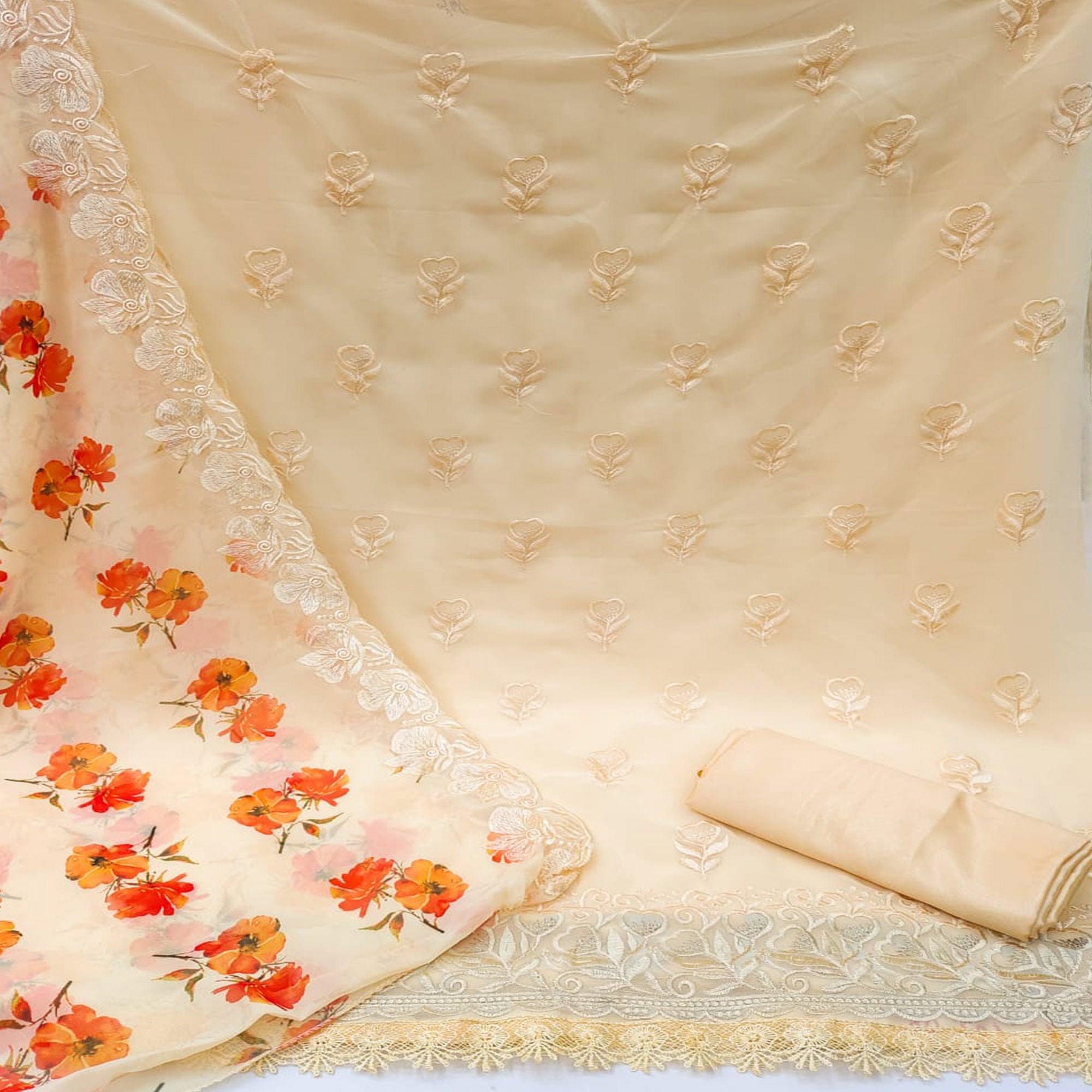 Yellow Floral Embroidered Georgette Dress Material - Peachmode