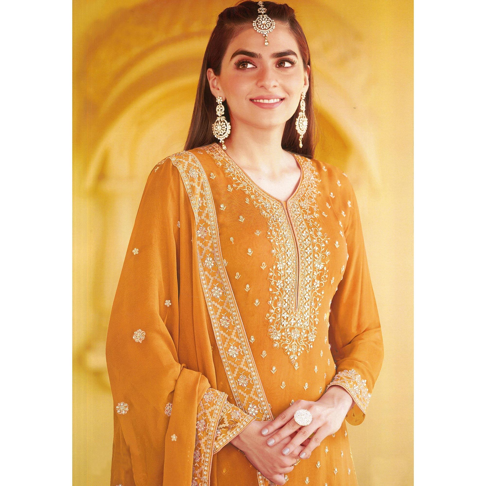 Yellow Floral Embroidered Georgette Sharara Suit - Peachmode