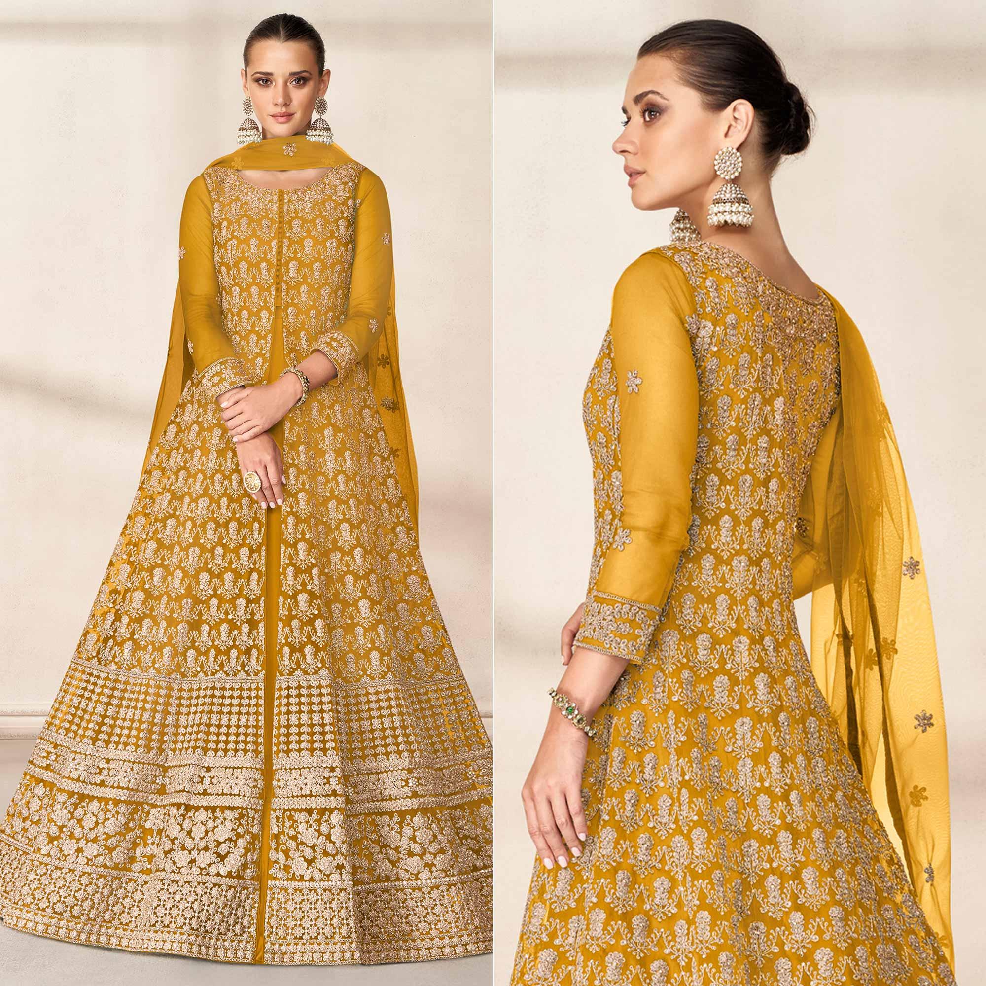 Yellow Floral Embroidered Net Anarkali Style Gown - Peachmode
