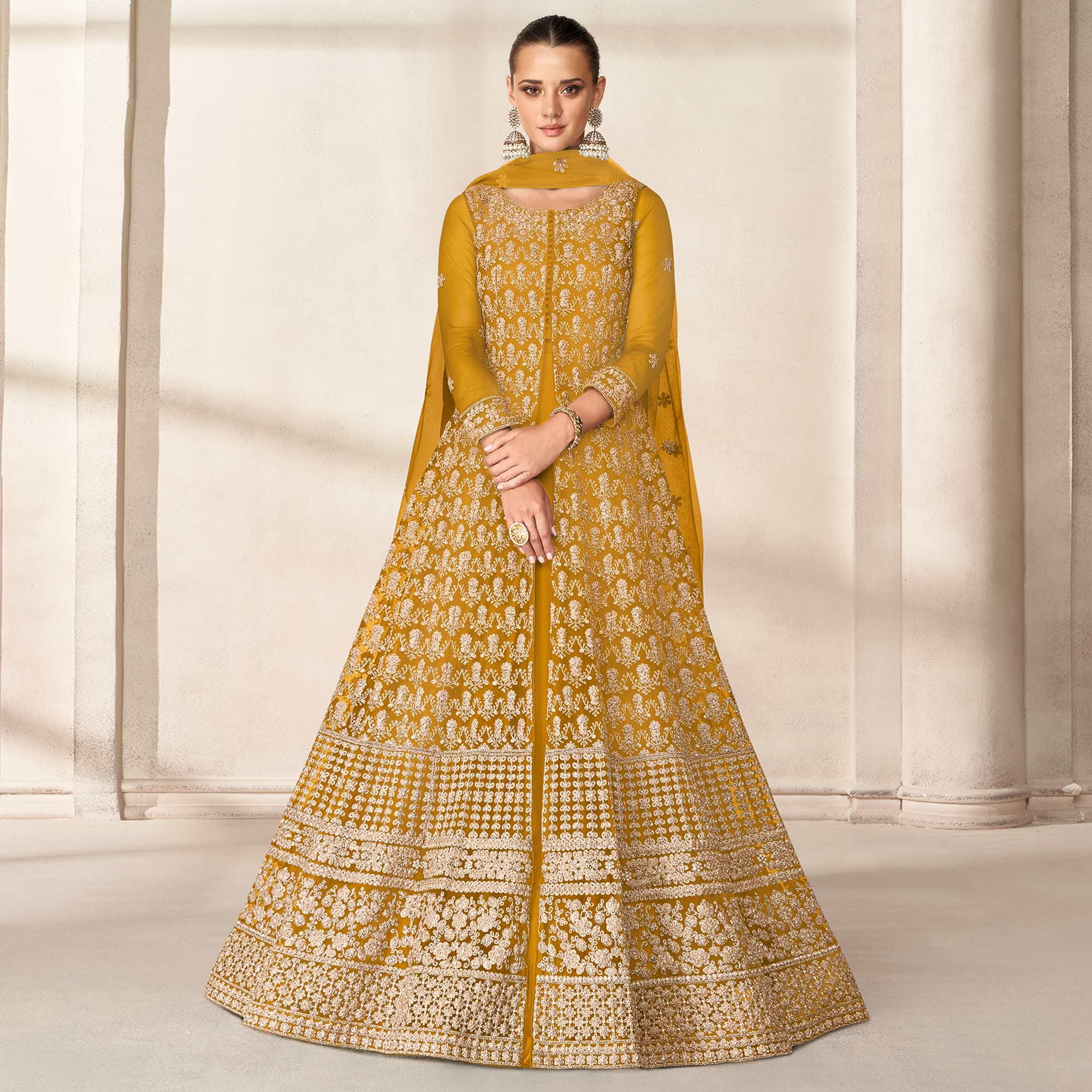Yellow Floral Embroidered Net Anarkali Style Gown - Peachmode