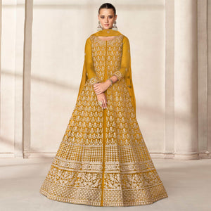 Yellow Floral Embroidered Net Anarkali Style Gown - Peachmode