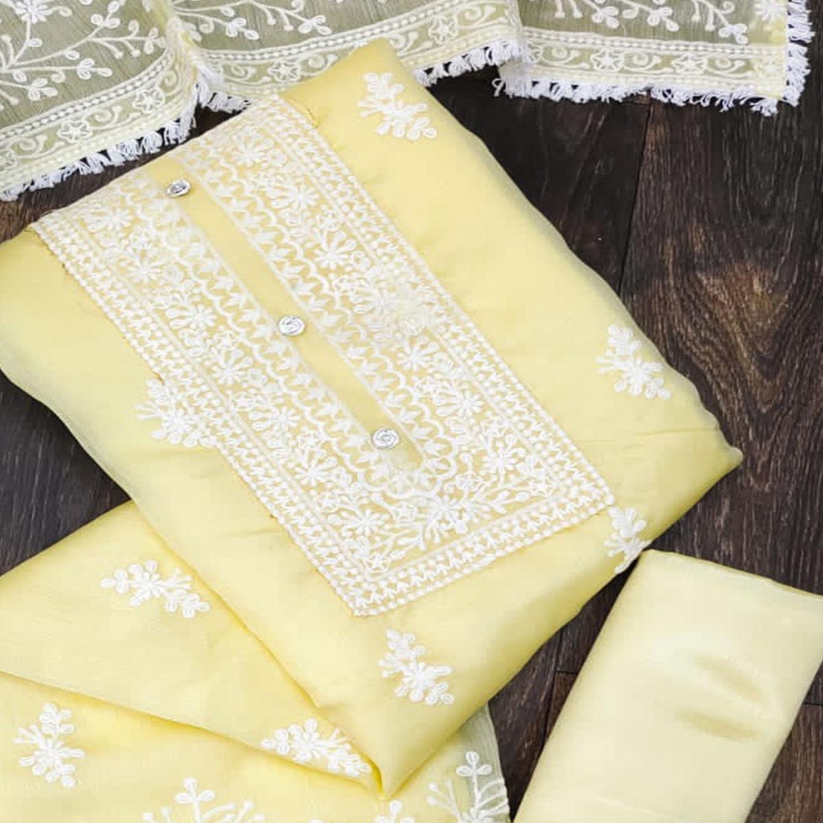 Yellow Floral Embroidered Organza Dress Material - Peachmode