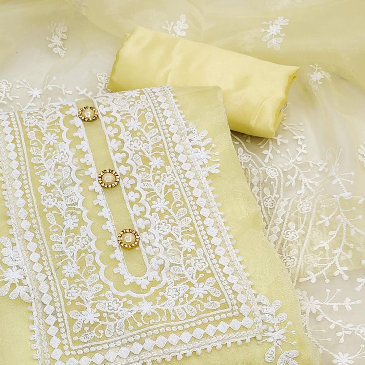 Yellow Floral Embroidered Organza Dress Material - Peachmode