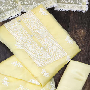 Yellow Floral Embroidered Organza Dress Material - Peachmode