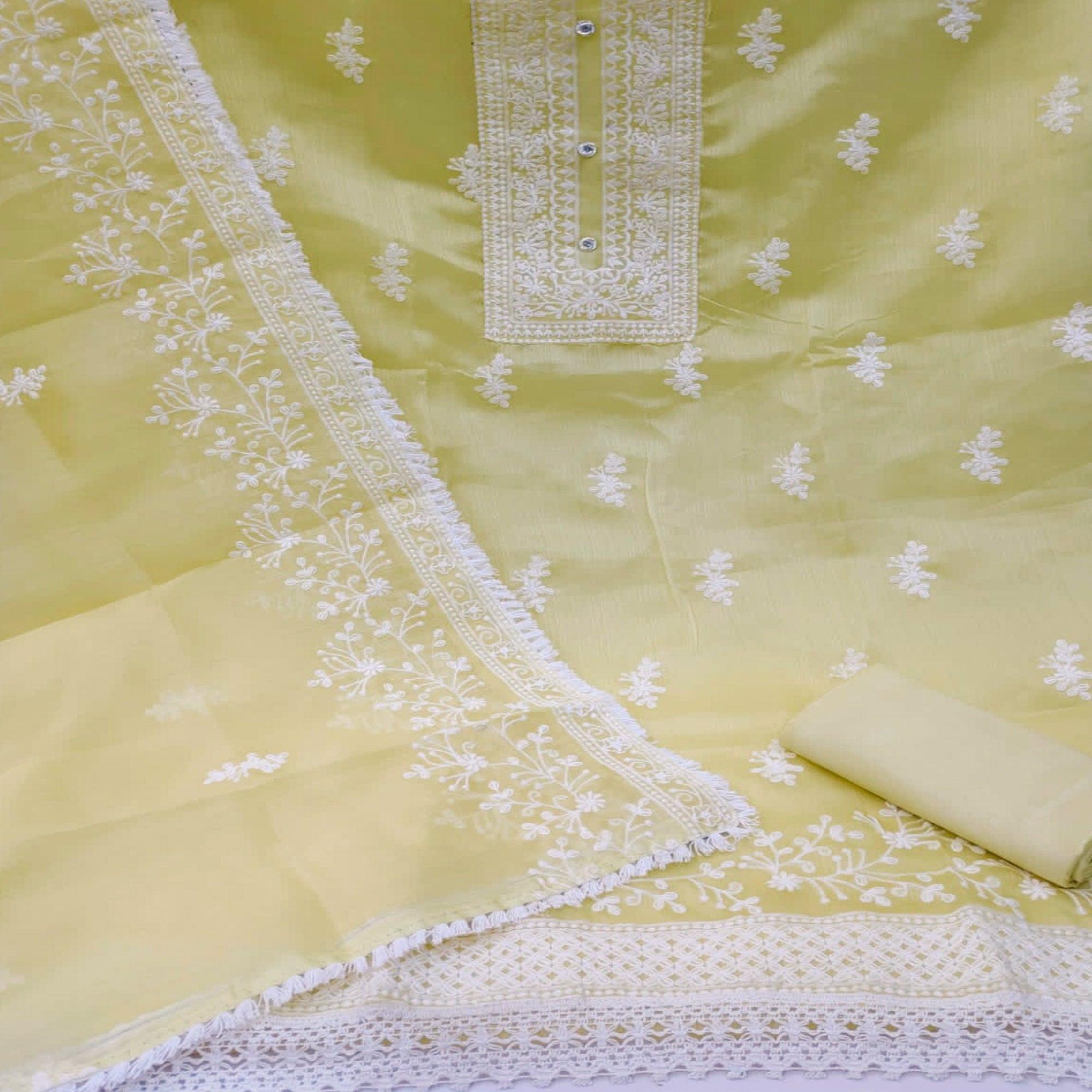 Yellow Floral Embroidered Organza Dress Material - Peachmode