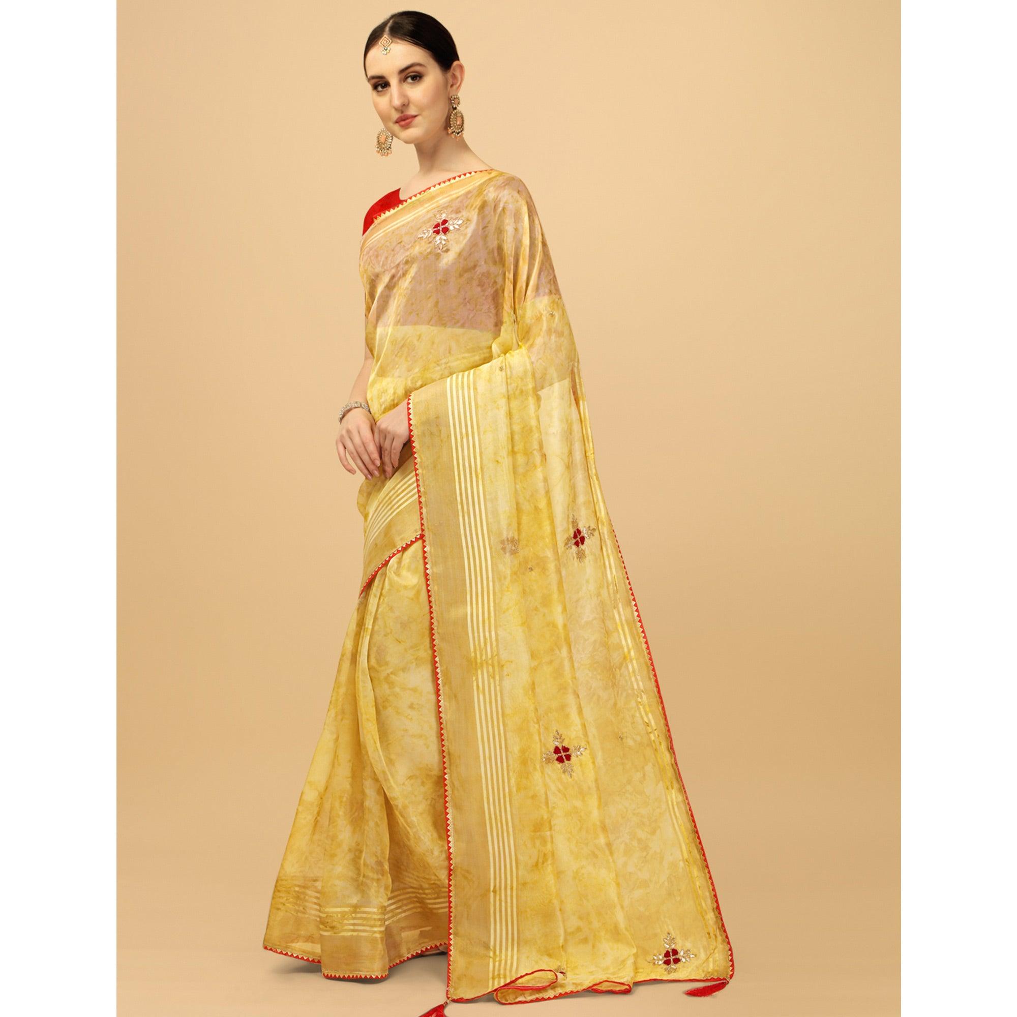 Yellow Floral Embroidered Organza Saree - Peachmode