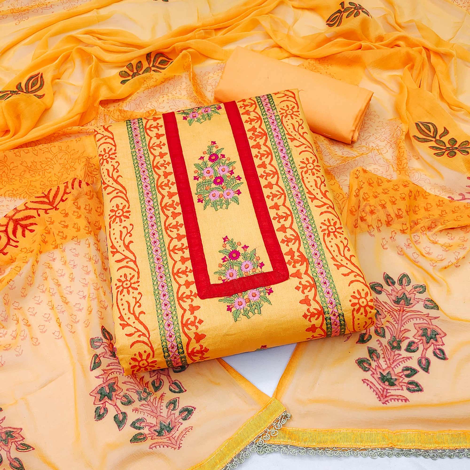 Yellow Floral Embroidered Pure Cotton Dress Material - Peachmode