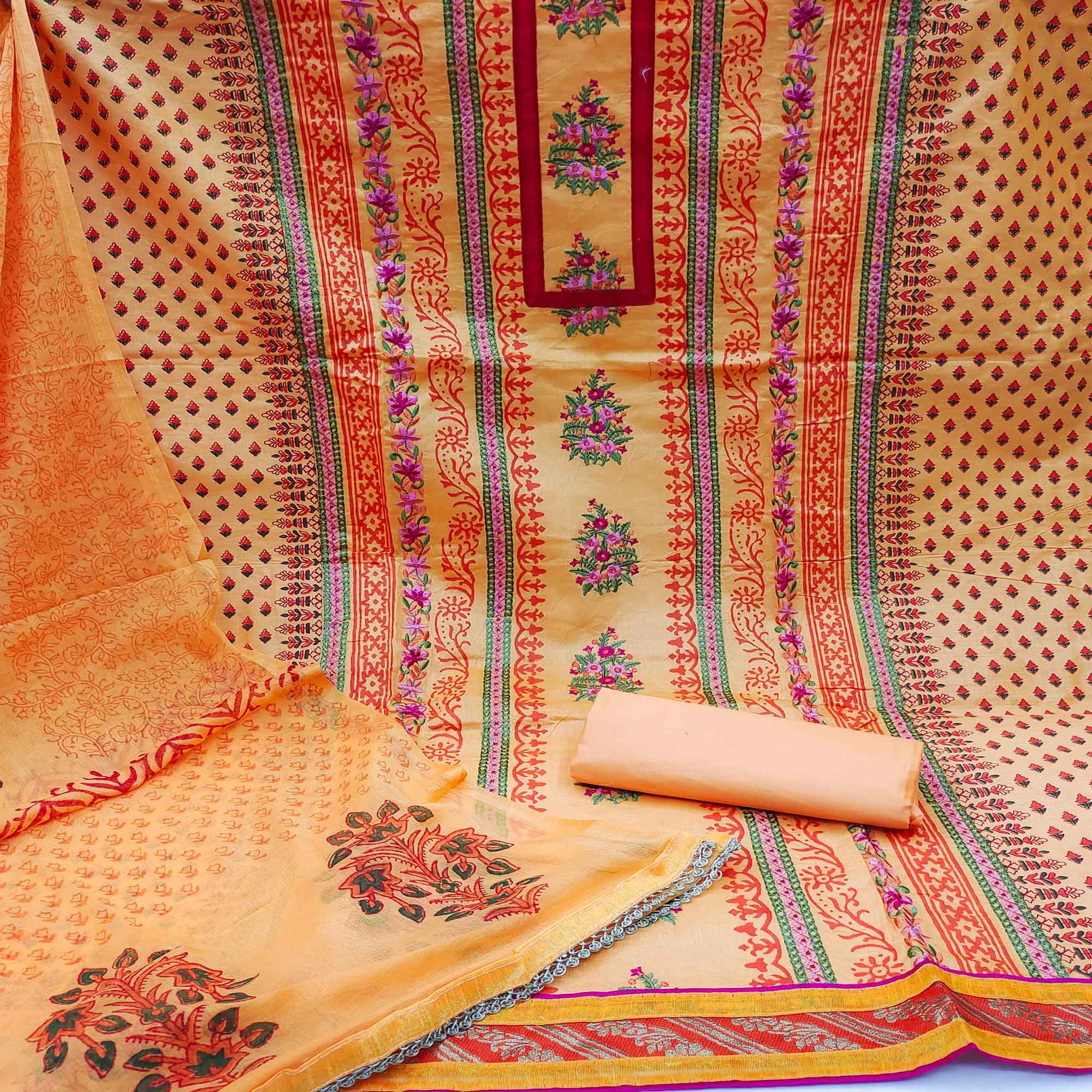 Yellow Floral Embroidered Pure Cotton Dress Material - Peachmode