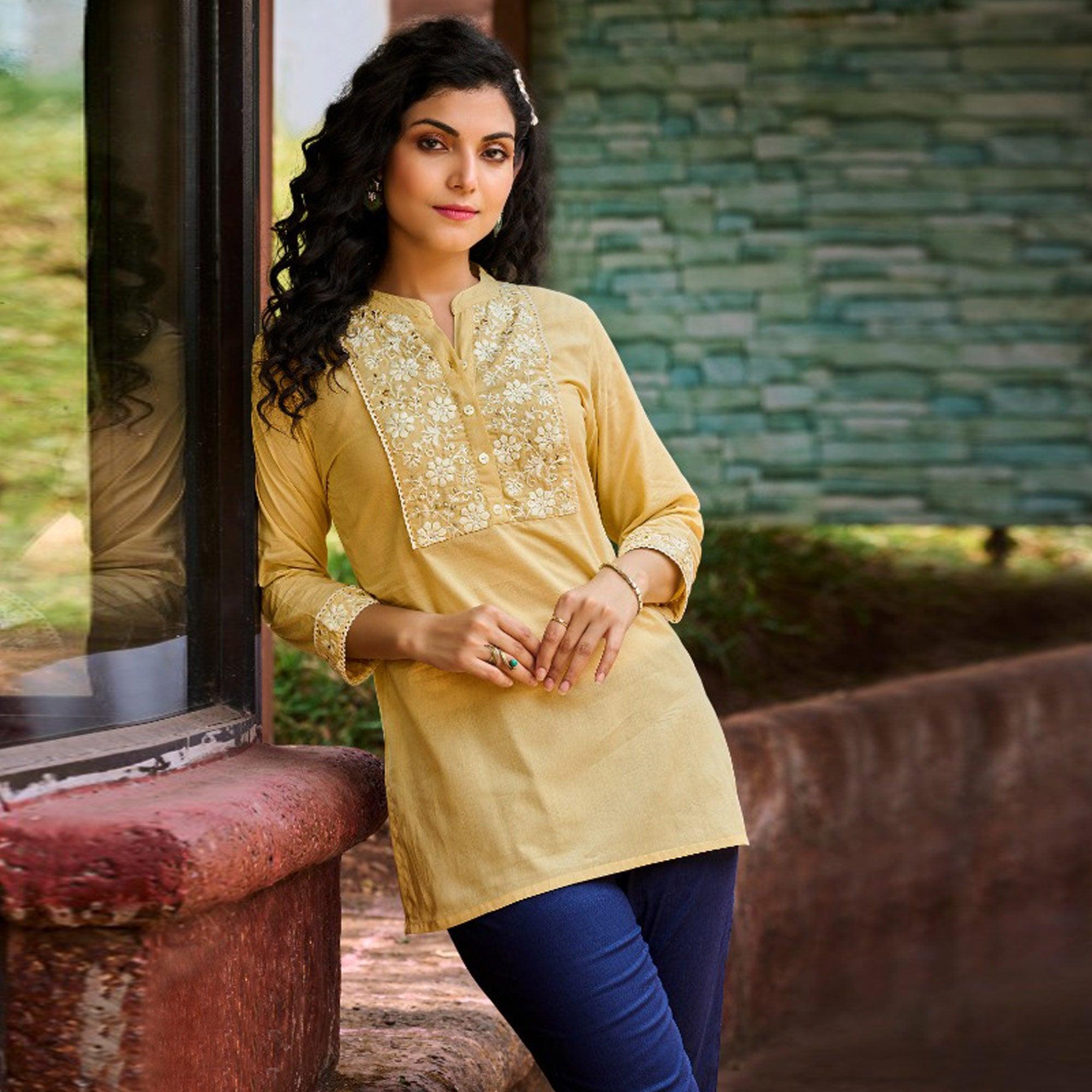 Yellow Floral Embroidered Pure Cotton Top - Peachmode