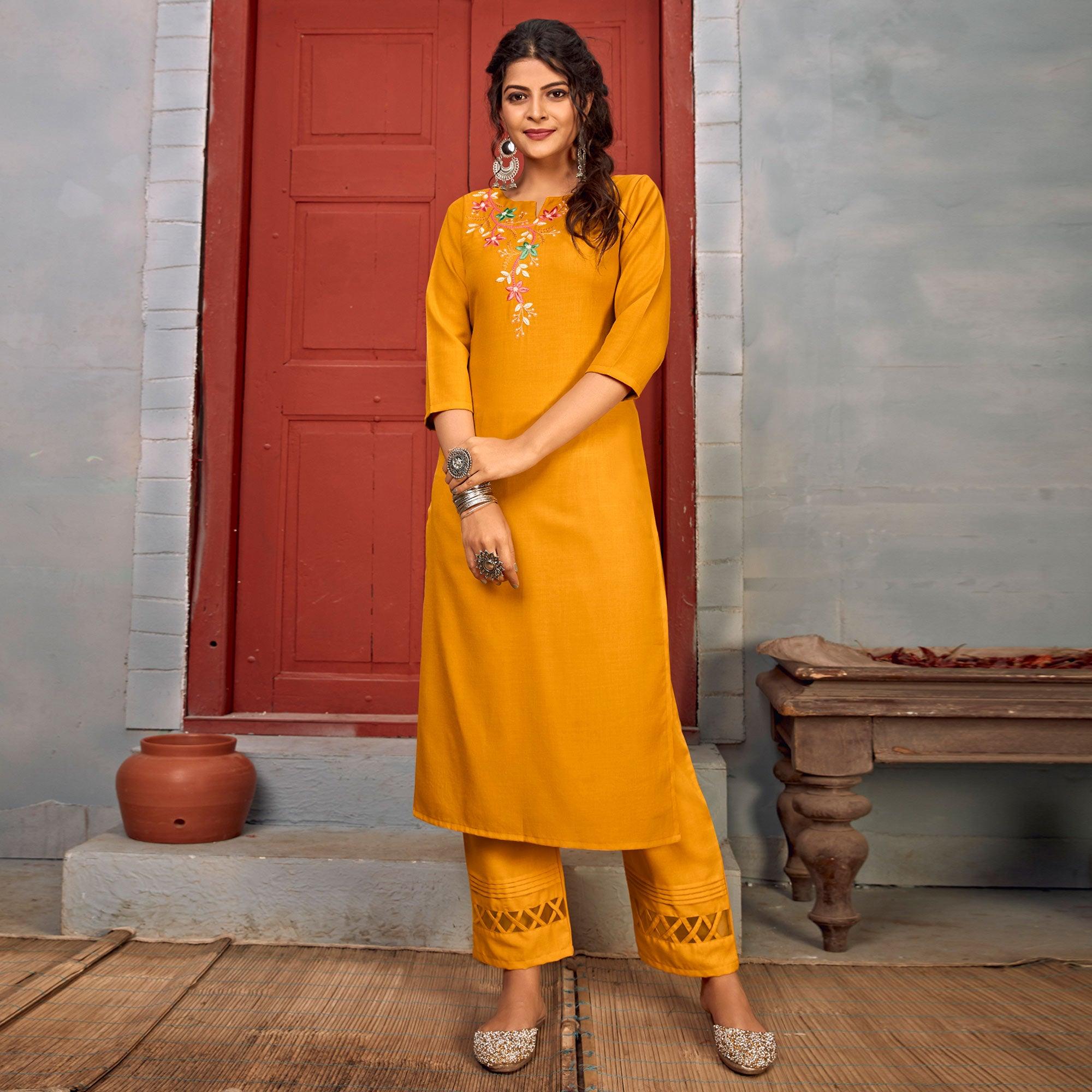 Yellow Floral Embroidered Rayon Kurti Pant Set - Peachmode