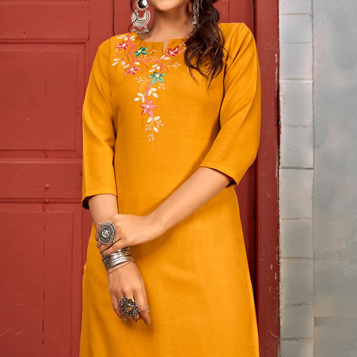 Yellow Floral Embroidered Rayon Kurti Pant Set - Peachmode