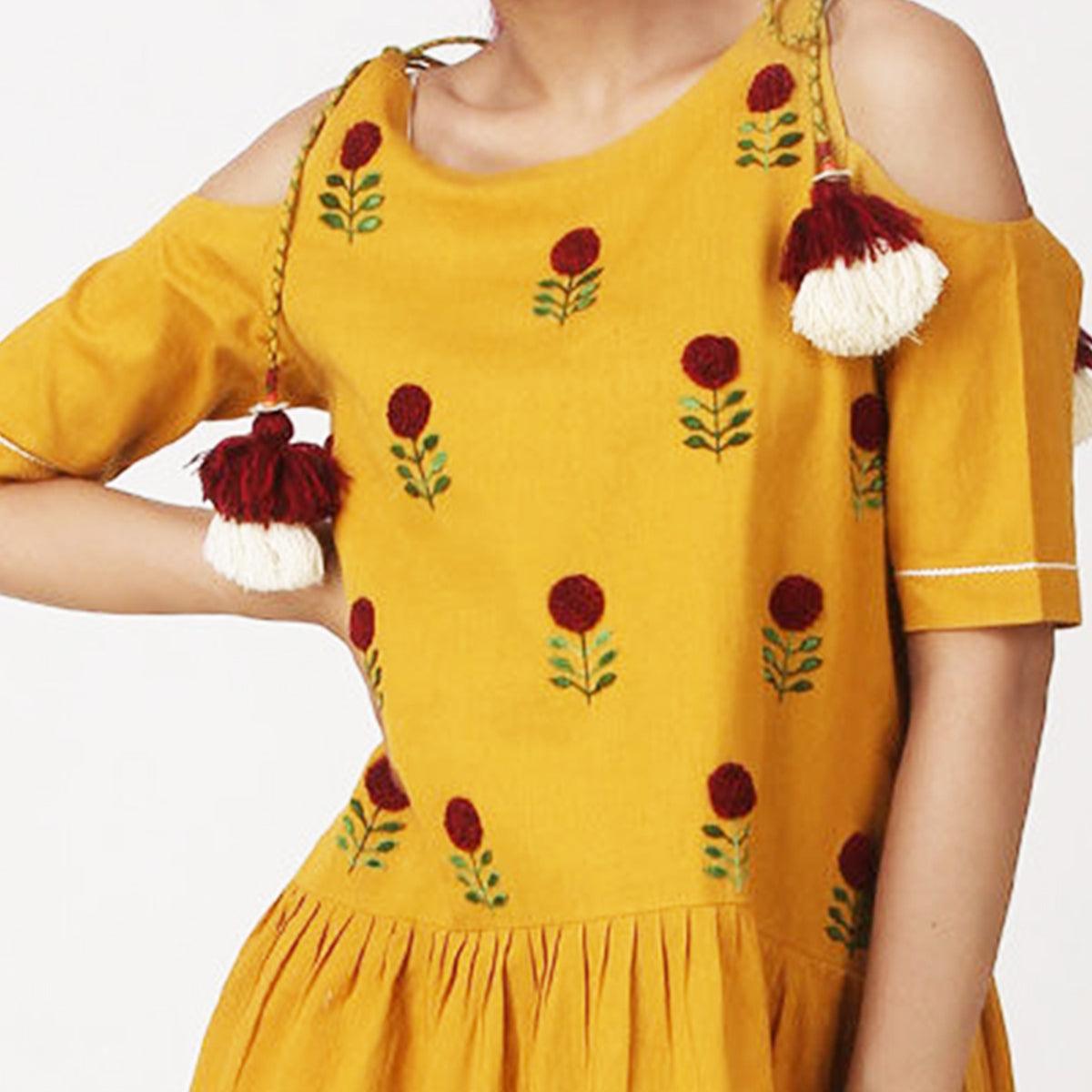 Yellow Floral Embroidered Rayon Short Dress - Peachmode