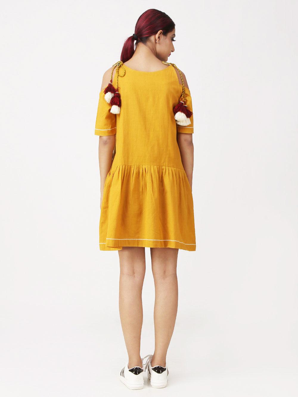 Yellow Floral Embroidered Rayon Short Dress - Peachmode