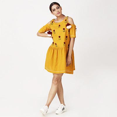 Yellow Floral Embroidered Rayon Short Dress - Peachmode
