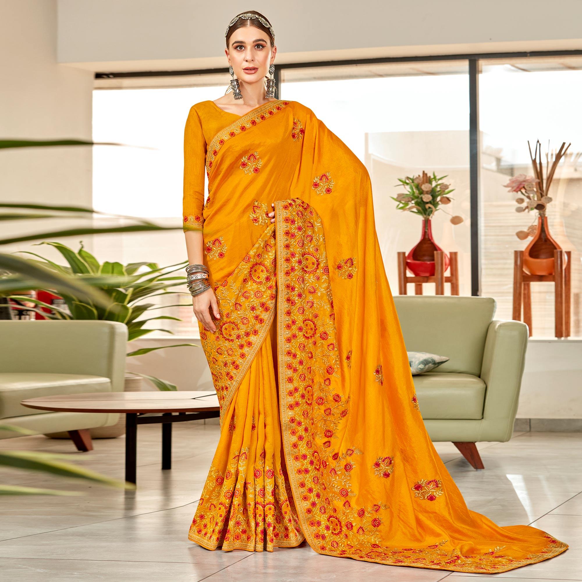 Yellow Floral Embroidered Vichitra Silk Saree - Peachmode