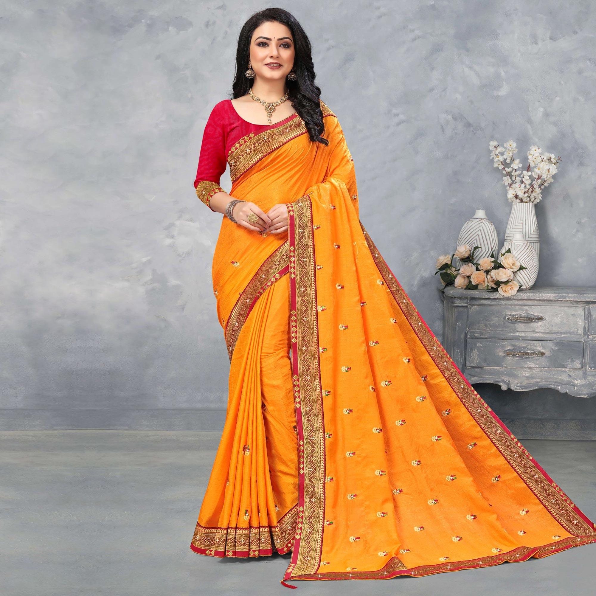 Yellow Floral Embroidered Vichitra Silk Saree - Peachmode