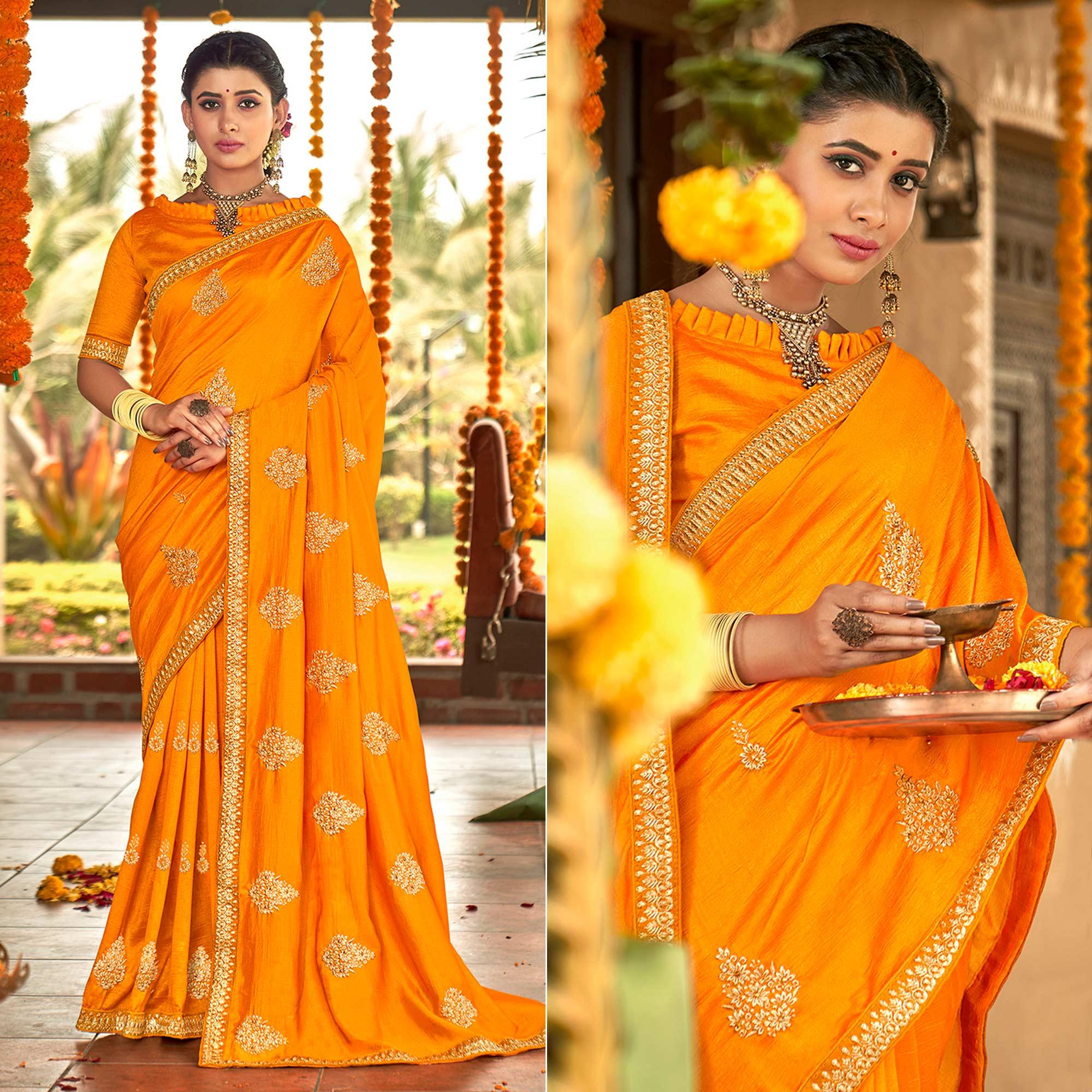 Yellow Floral Embroidered Vichitra Silk Saree - Peachmode