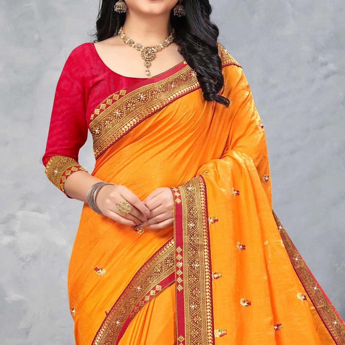 Yellow Floral Embroidered Vichitra Silk Saree - Peachmode