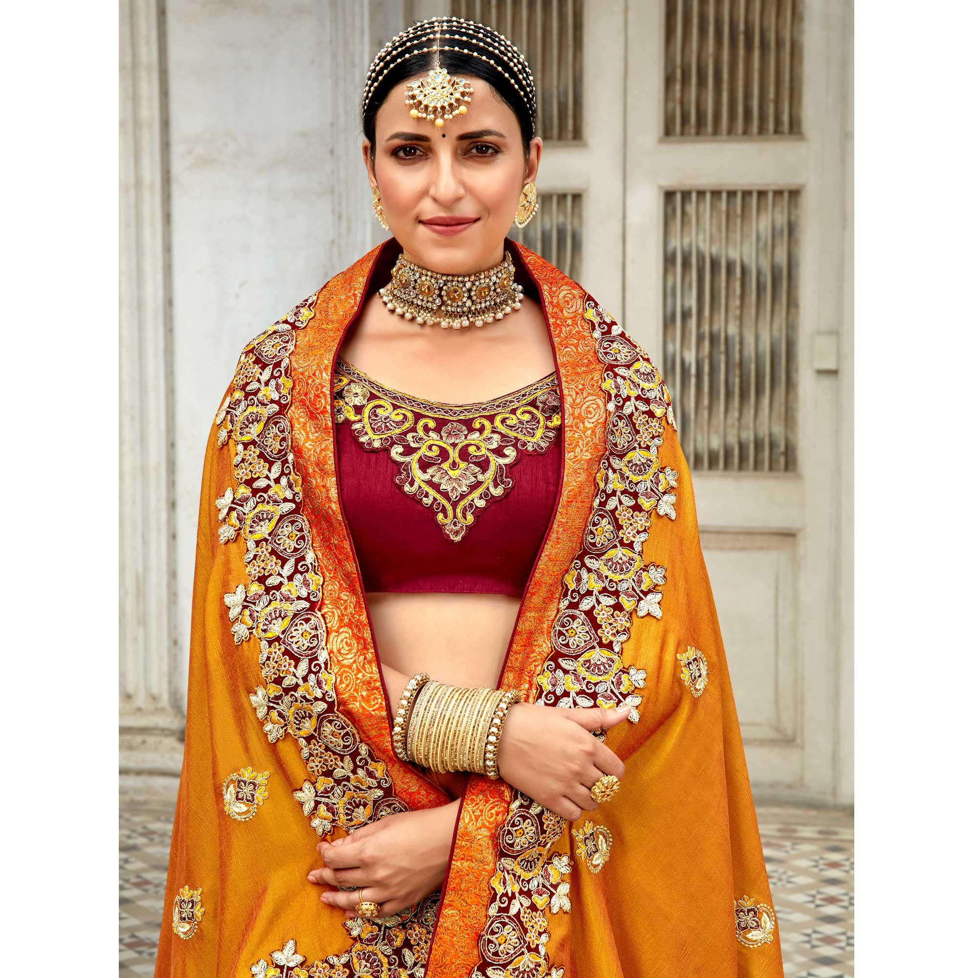Yellow Floral Embroidered Vichitra Silk Saree - Peachmode