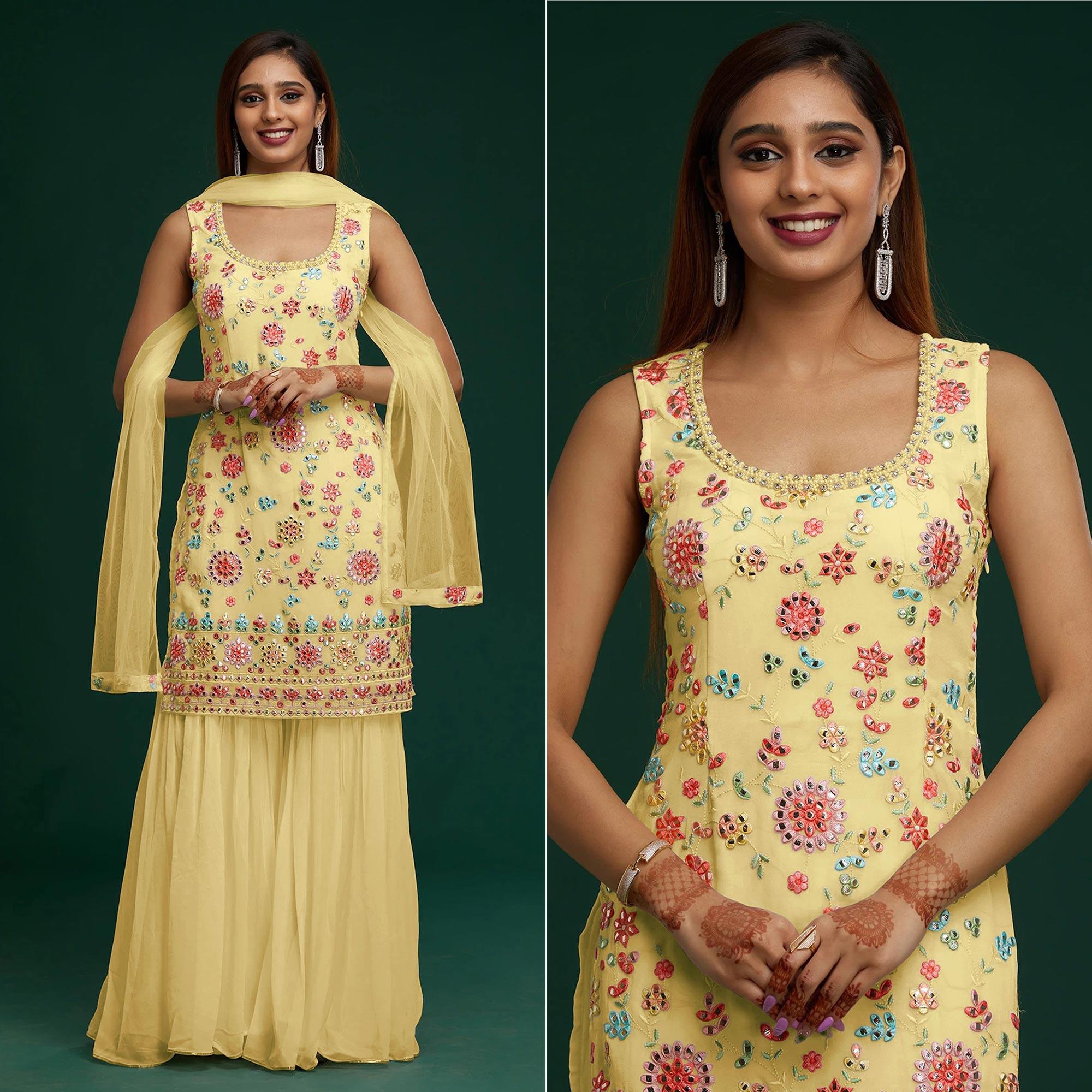 Yellow Floral Embroidered With Mirror Work Georgette Sharara Suit - Peachmode