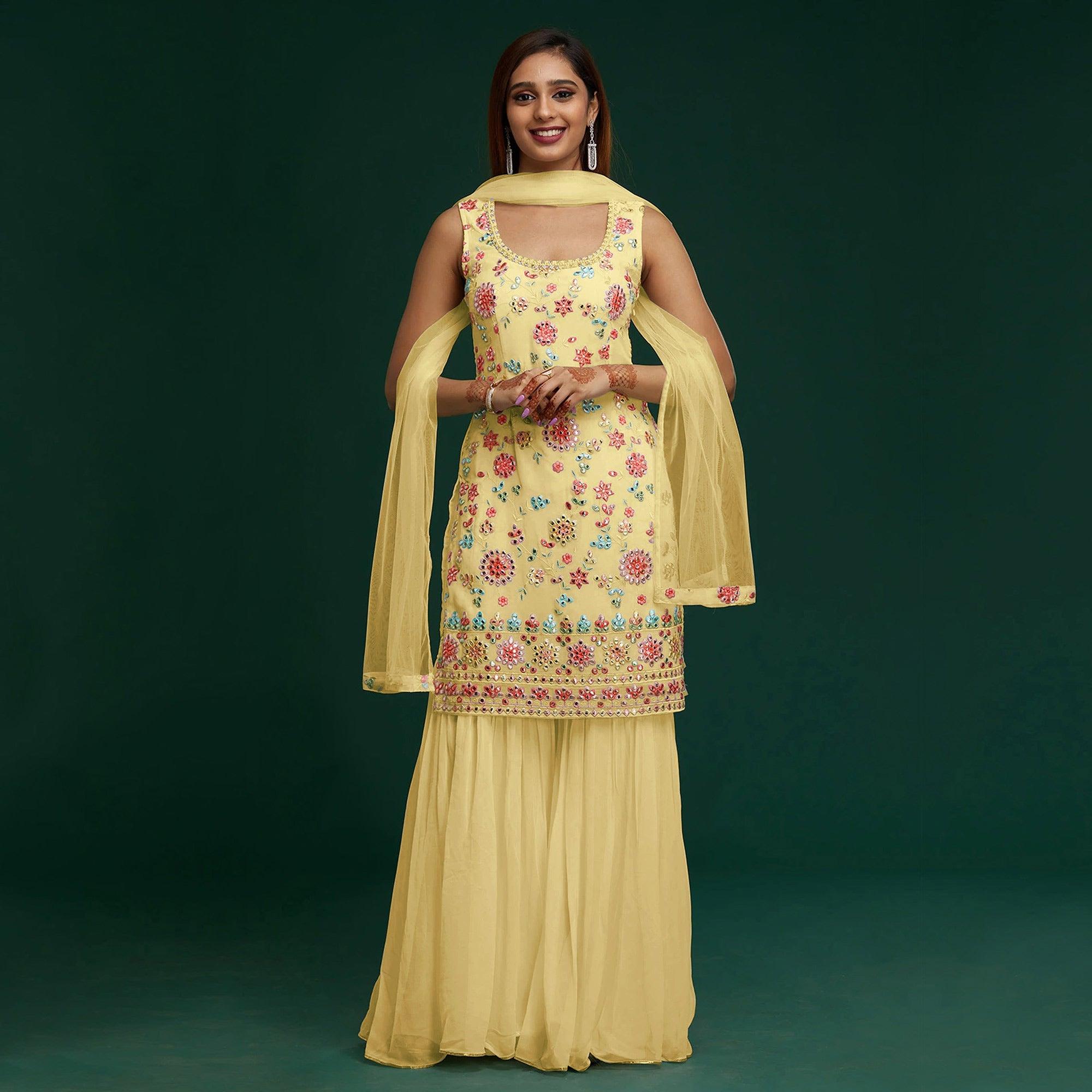 Yellow Floral Embroidered With Mirror Work Georgette Sharara Suit - Peachmode