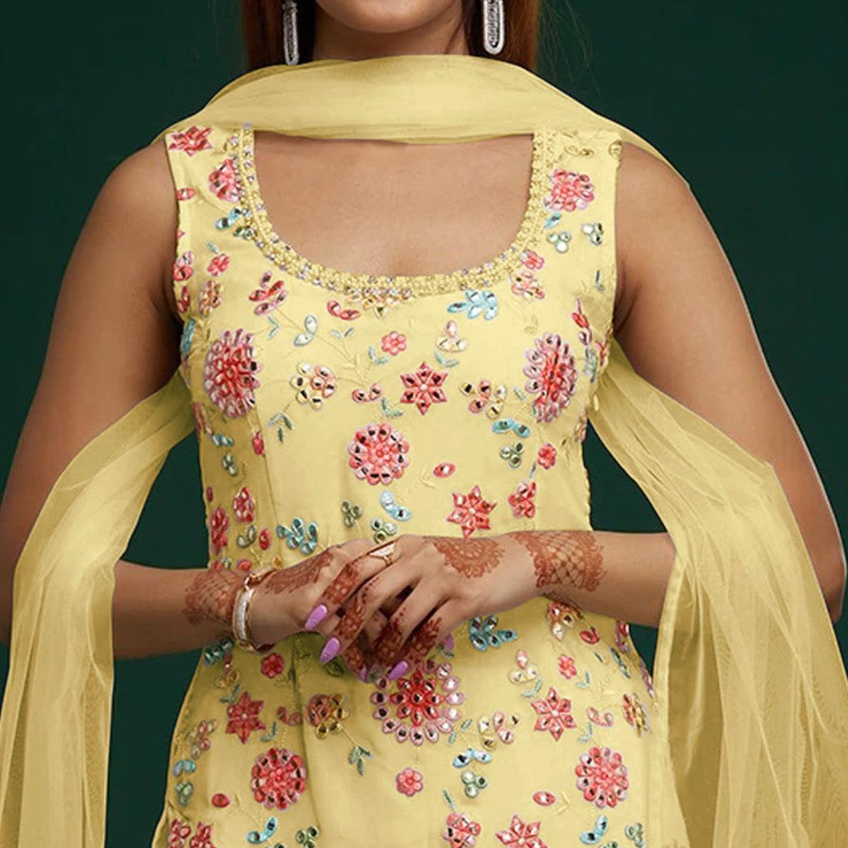 Yellow Floral Embroidered With Mirror Work Georgette Sharara Suit - Peachmode