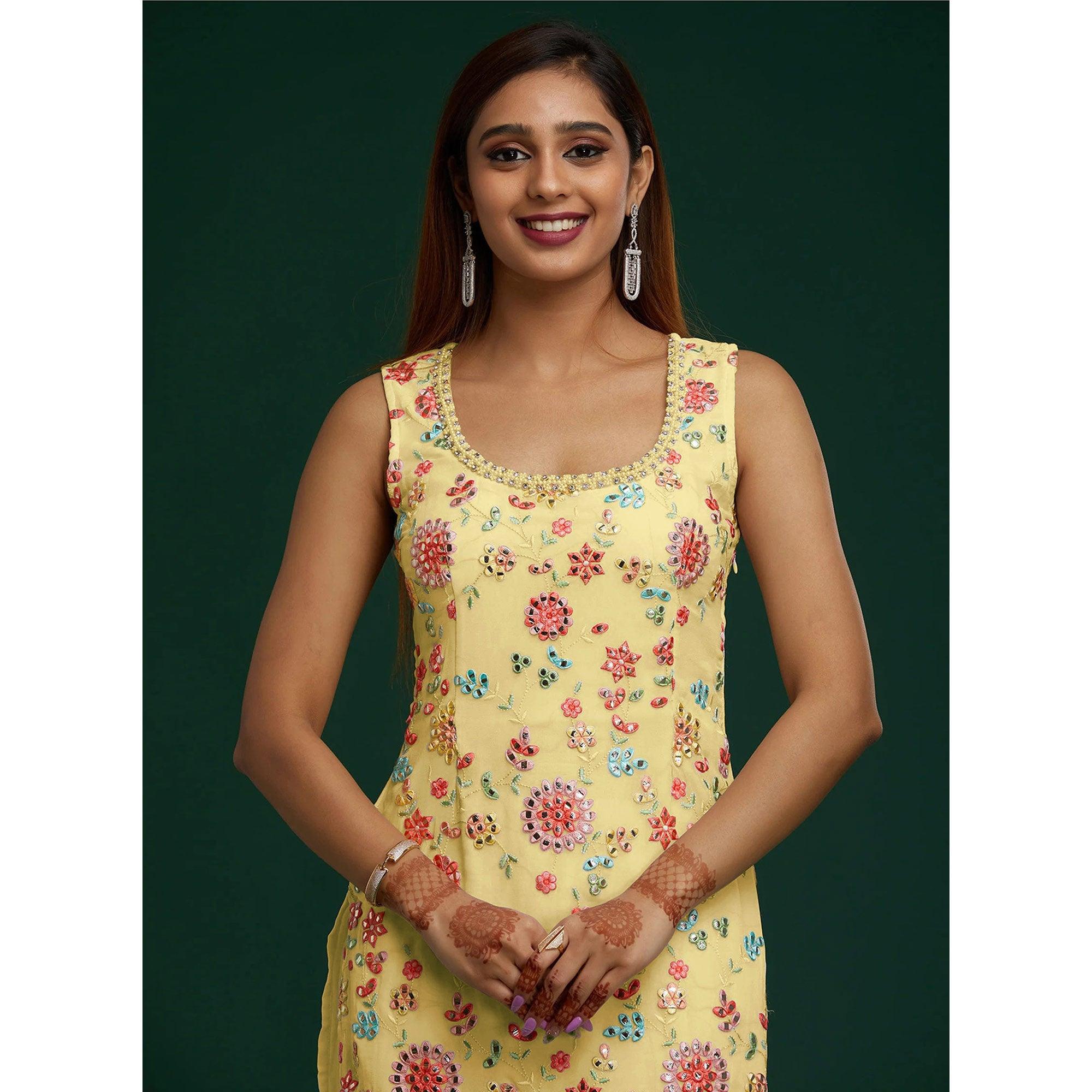 Yellow Floral Embroidered With Mirror Work Georgette Sharara Suit - Peachmode