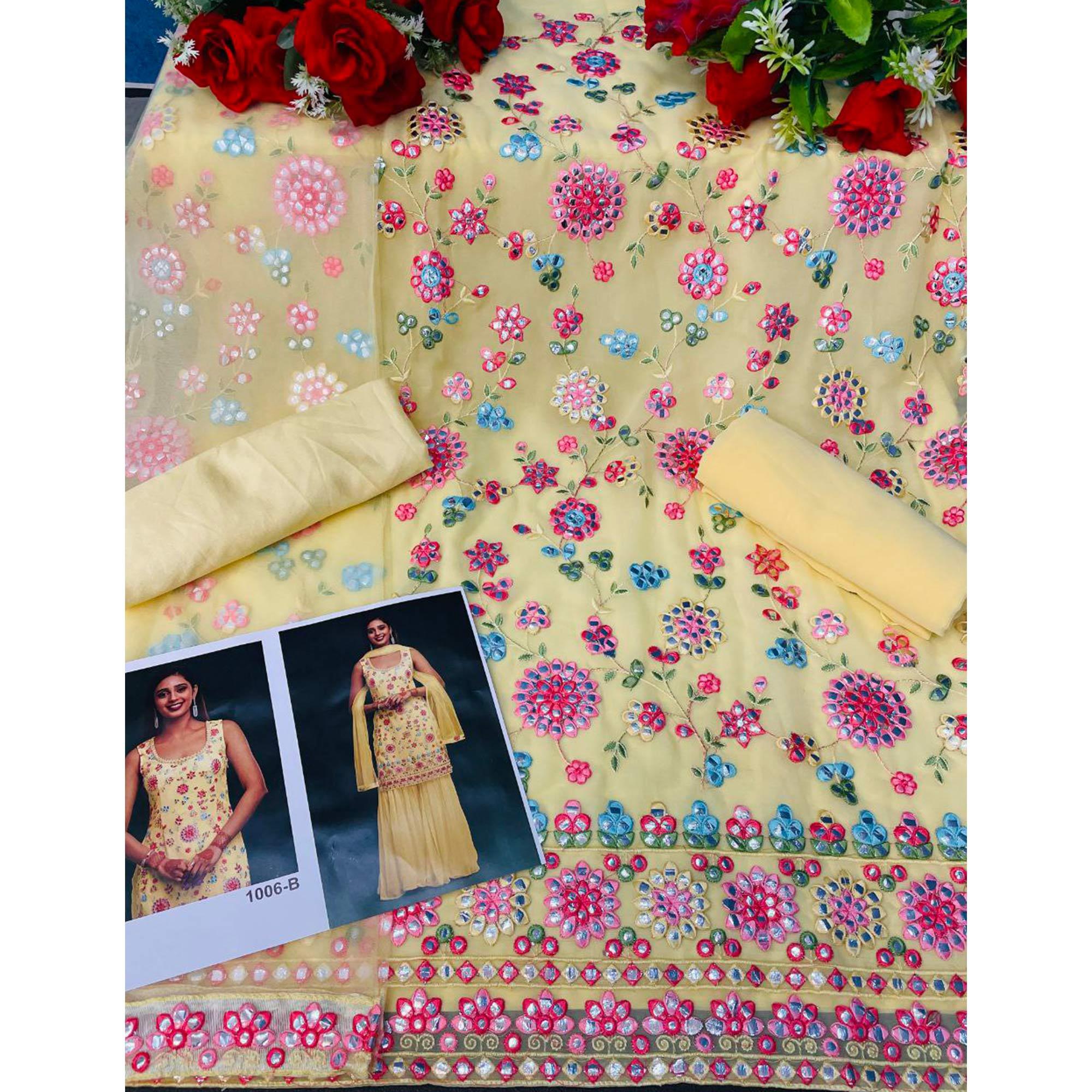 Yellow Floral Embroidered With Mirror Work Georgette Sharara Suit - Peachmode