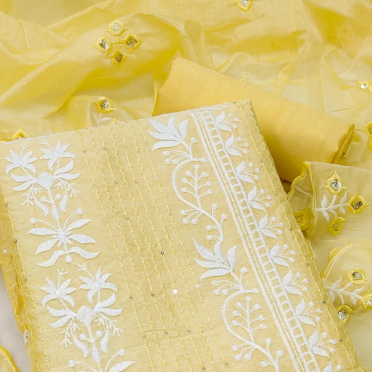 Yellow Floral Embroidered With Sequence Chanderi Dress Material - Peachmode