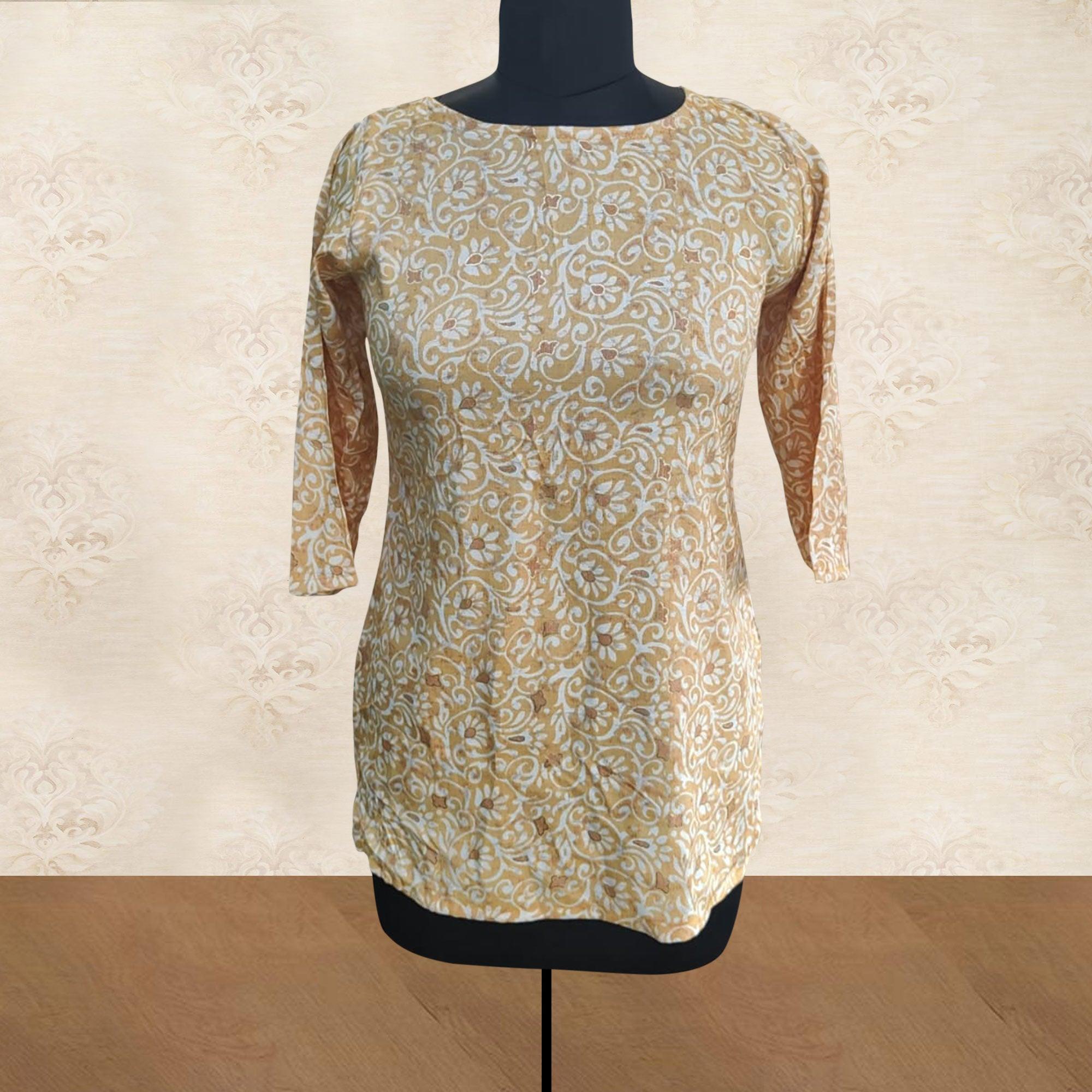 Yellow Floral Foil Printed Rayon Top - Peachmode