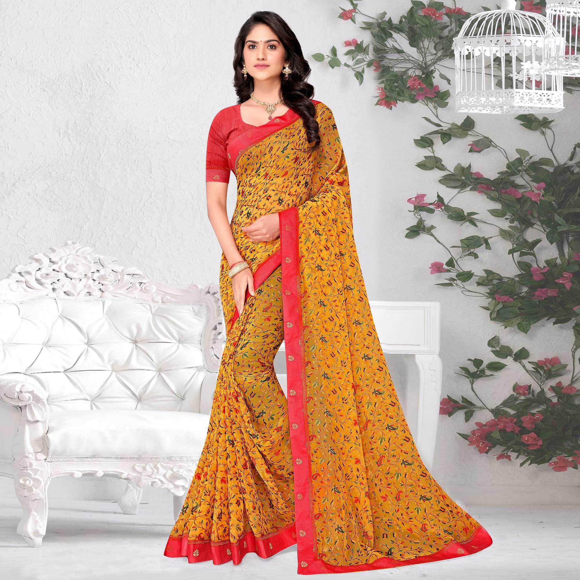 Yellow Floral Printed Brasso Saree - Peachmode