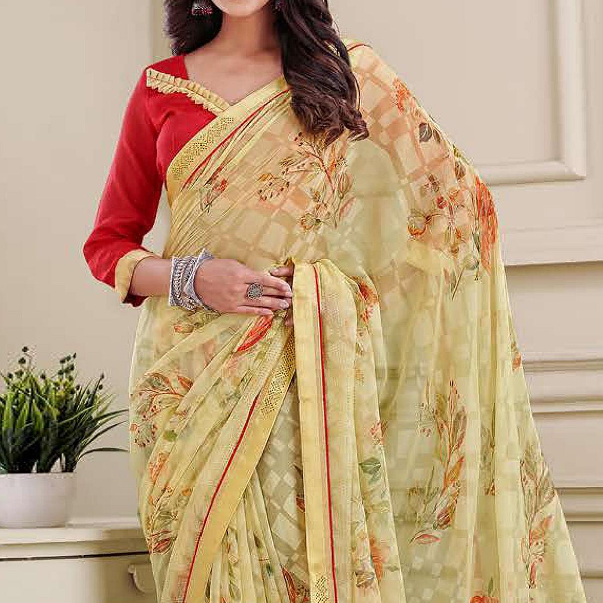 Yellow Floral Printed Brasso Saree - Peachmode