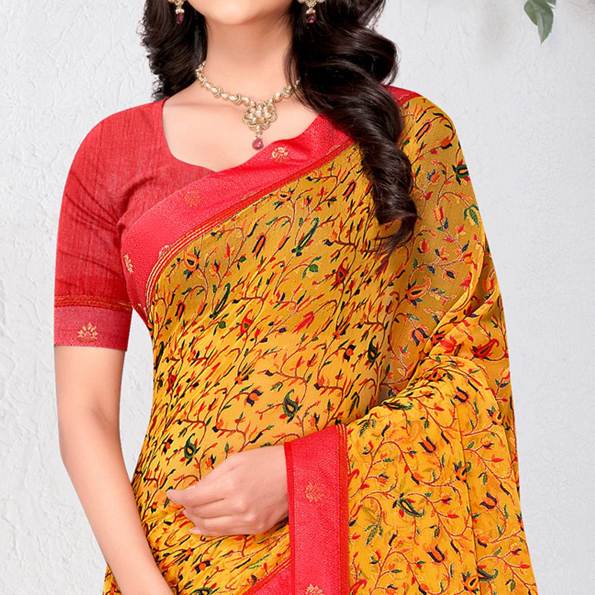 Yellow Floral Printed Brasso Saree - Peachmode