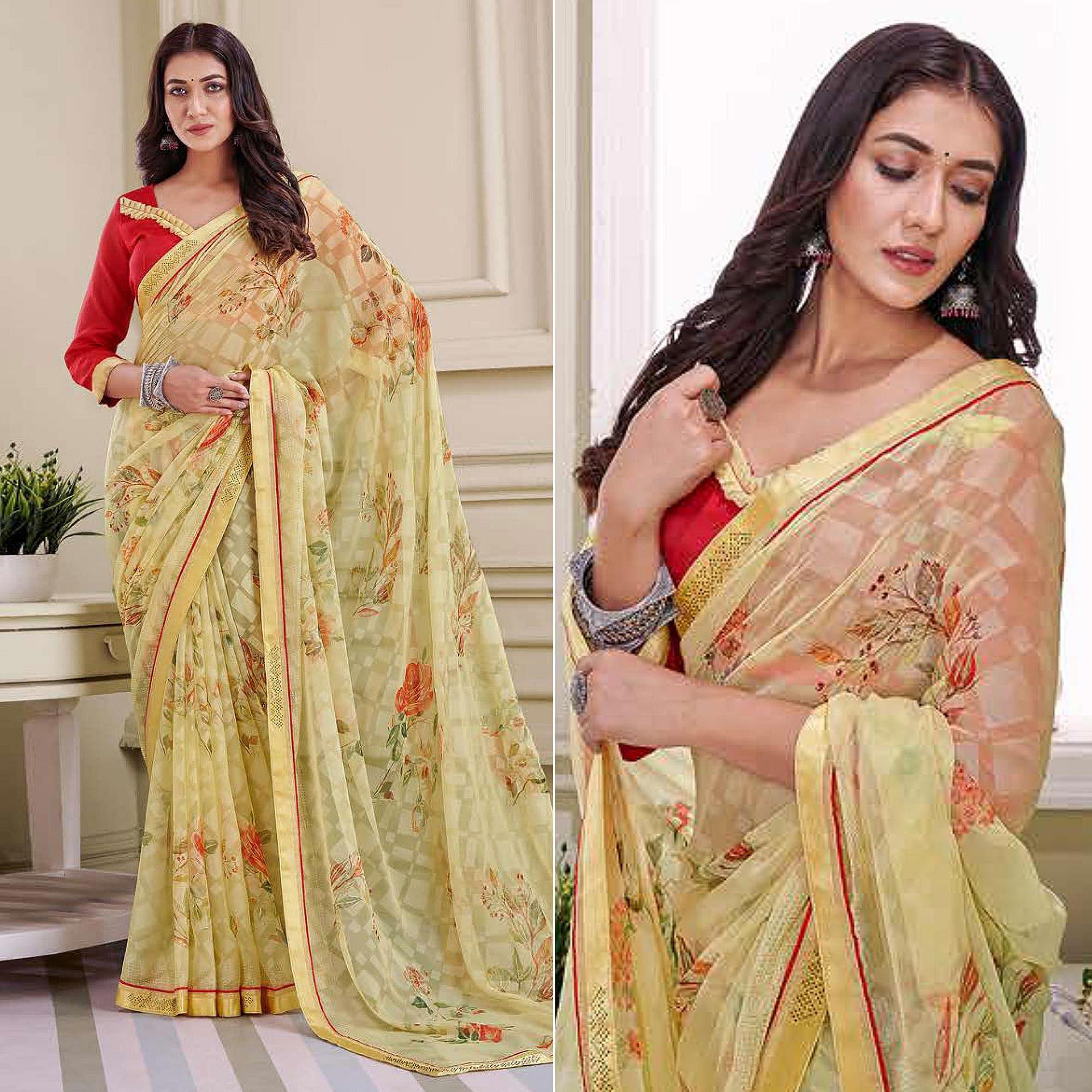 Yellow Floral Printed Brasso Saree - Peachmode