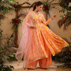 Yellow Floral Printed Cotton Silk Sharara Suit - Peachmode
