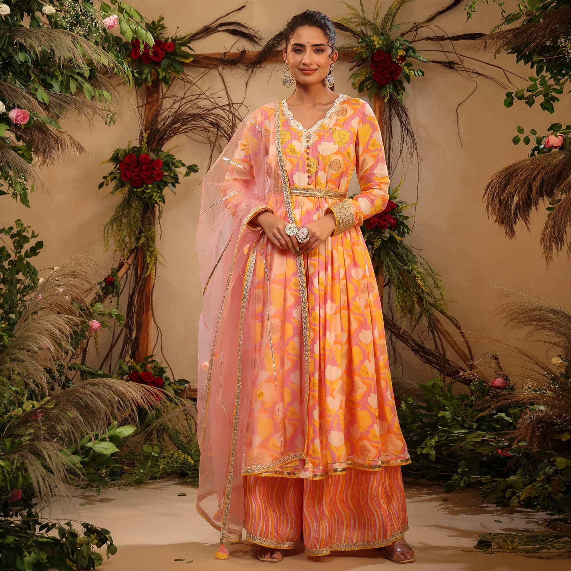 Yellow Floral Printed Cotton Silk Sharara Suit - Peachmode