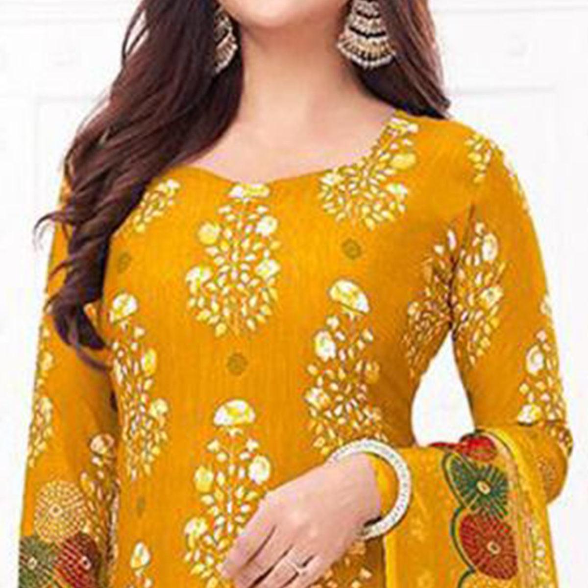 Yellow Floral Printed Crepe Dress Material - Peachmode