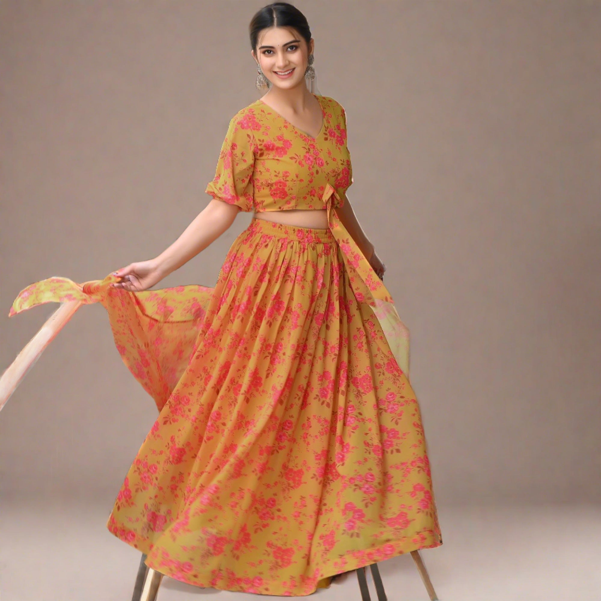 Yellow Floral Printed Georgette Lehenga Choli - Peachmode