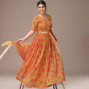Yellow Floral Printed Georgette Lehenga Choli - Peachmode
