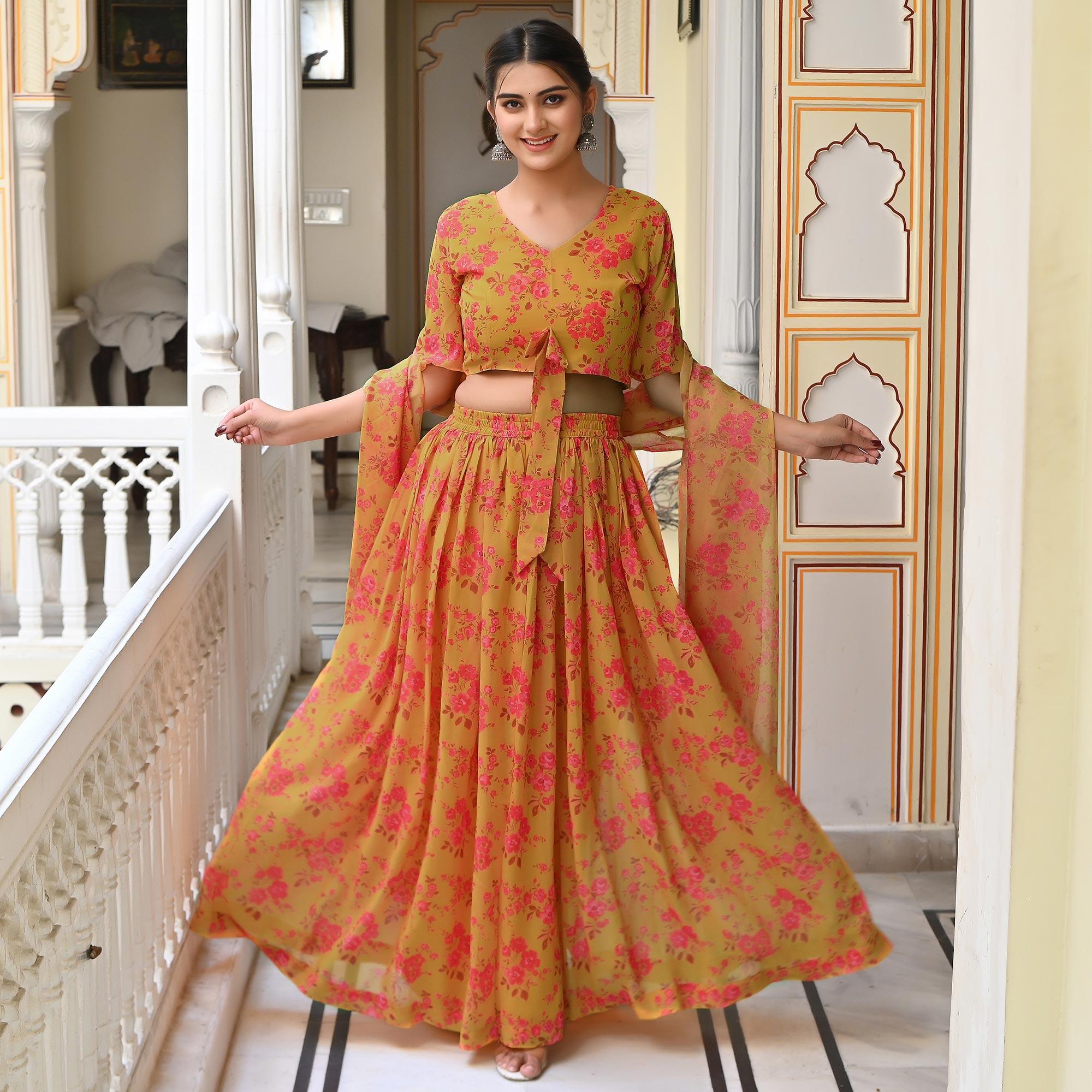 Yellow Floral Printed Georgette Lehenga Choli - Peachmode