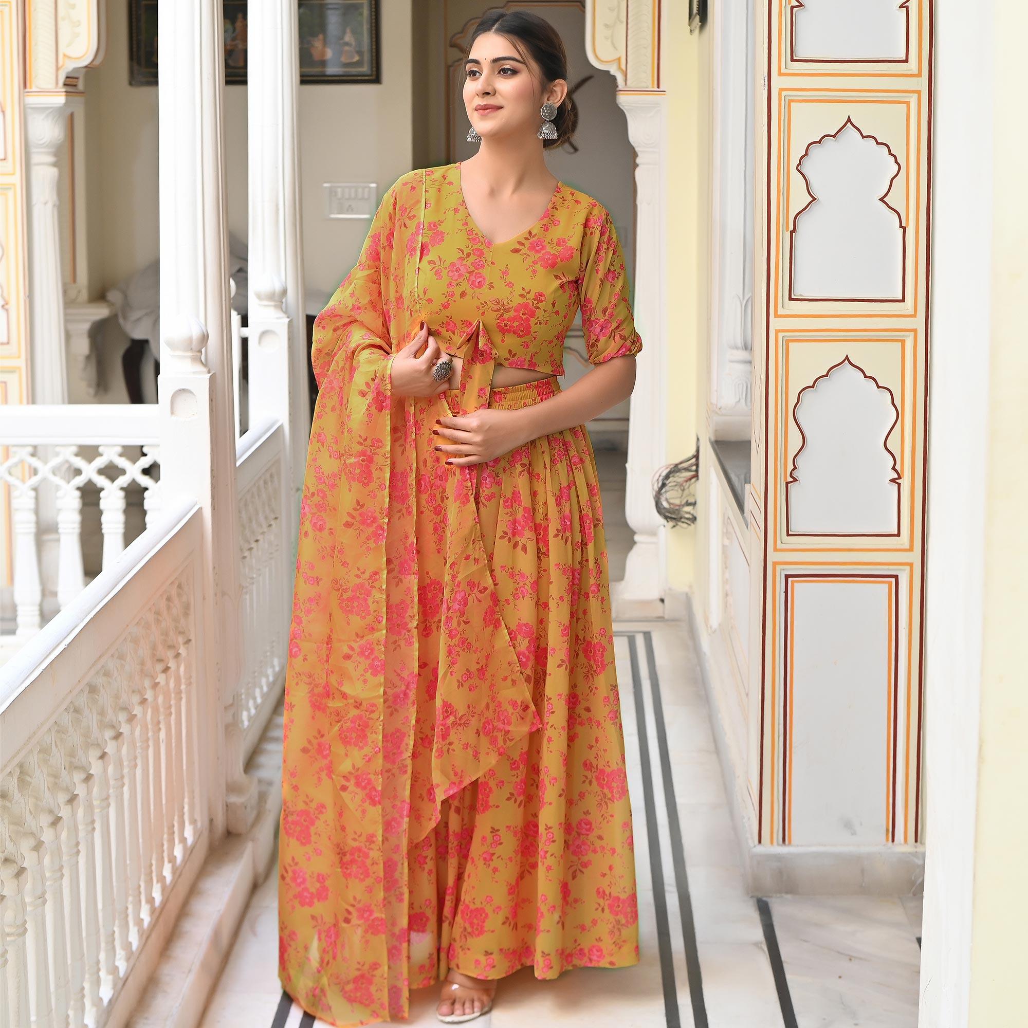 Yellow Floral Printed Georgette Lehenga Choli - Peachmode