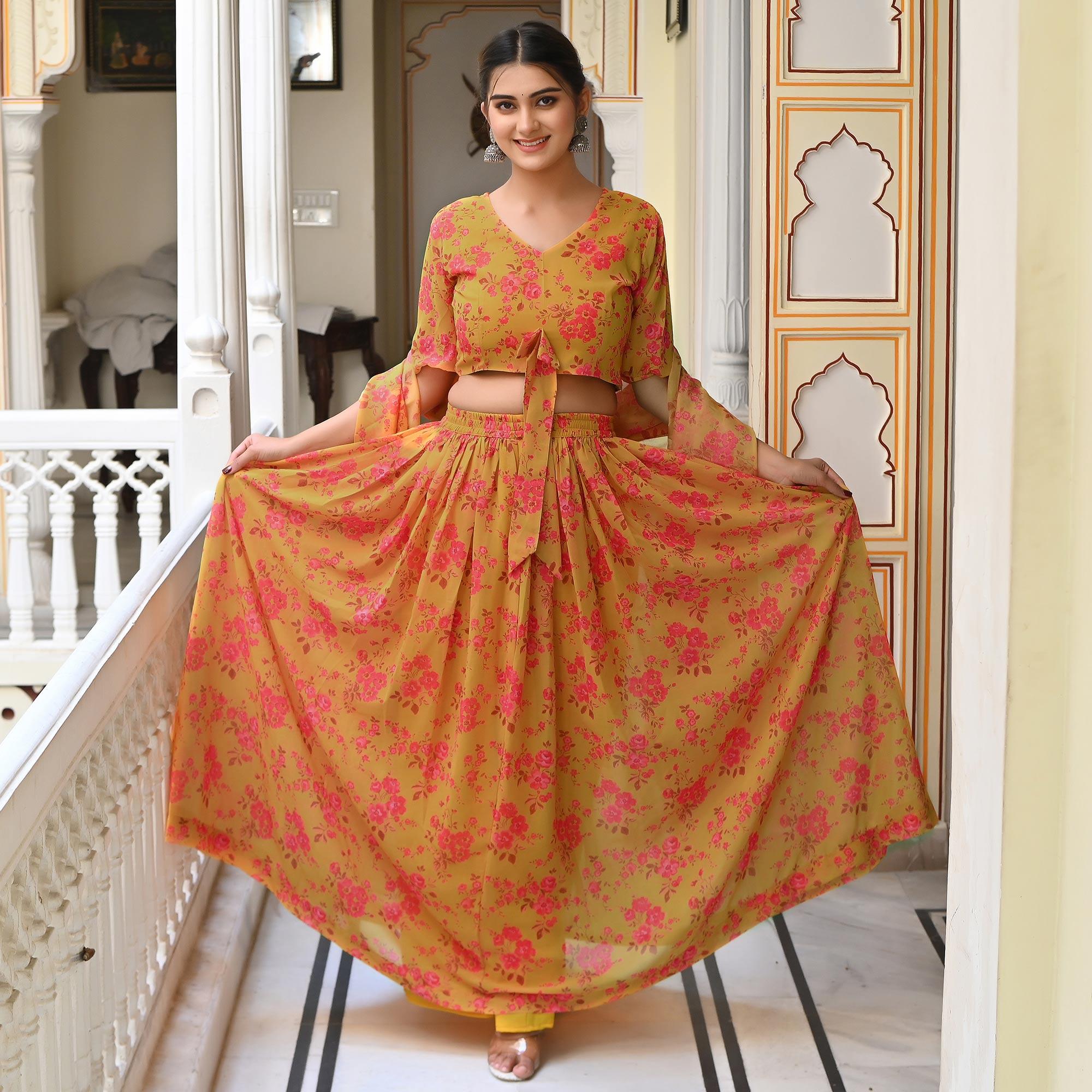 Yellow Floral Printed Georgette Lehenga Choli - Peachmode