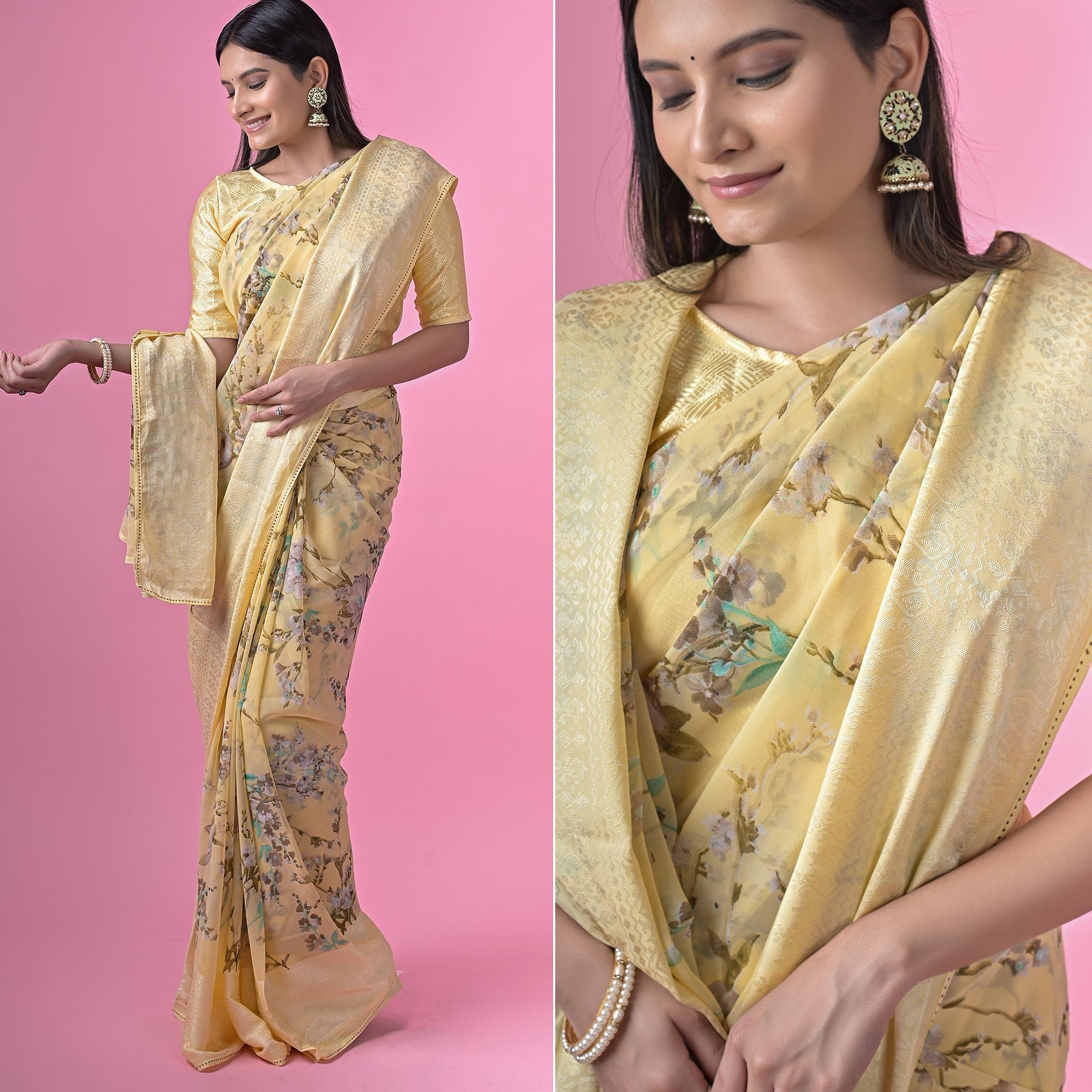 Yellow Floral Printed Georgette Saree - Peachmode