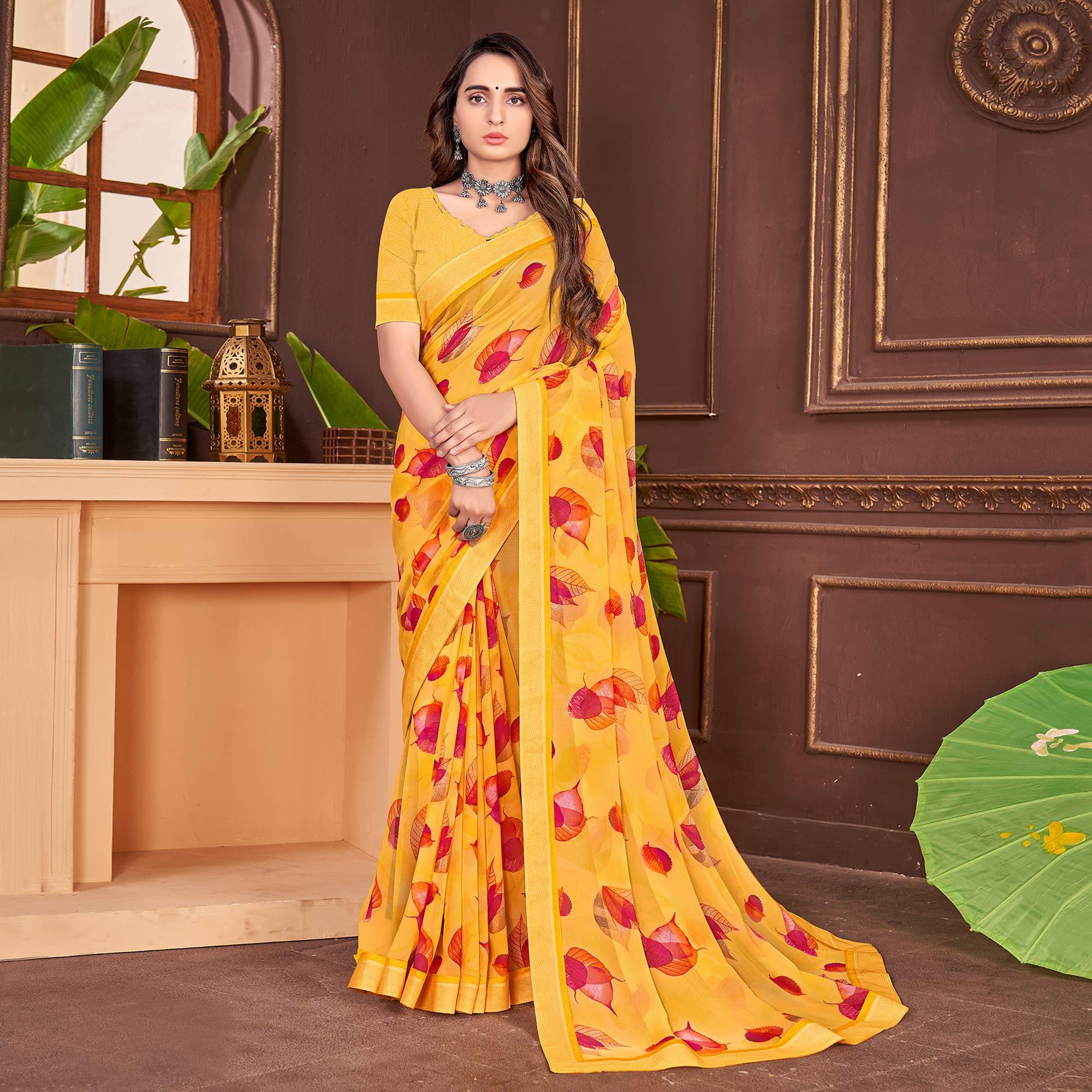 Yellow Floral Printed Georgette Saree - Peachmode