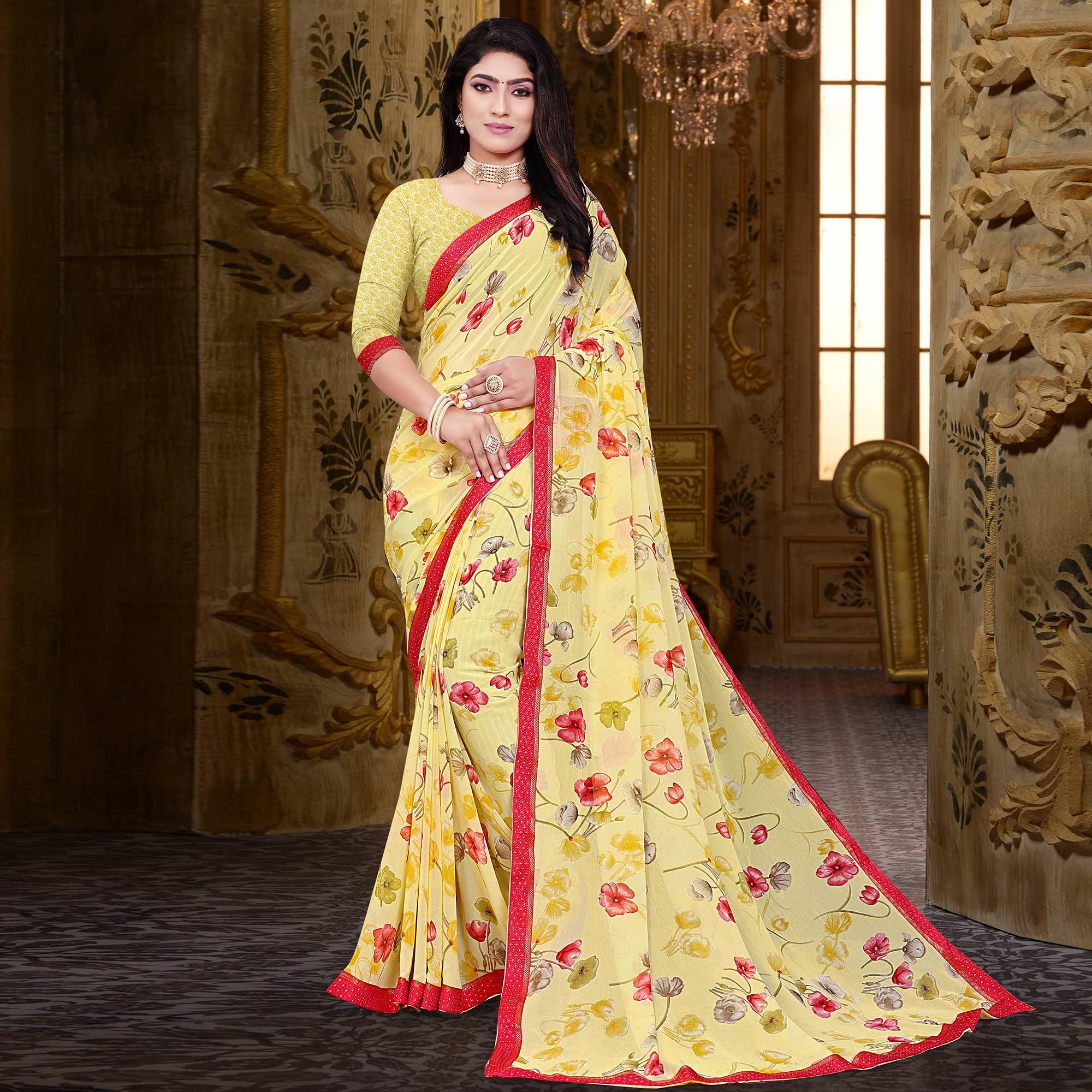 Yellow Floral Printed Georgette Saree - Peachmode