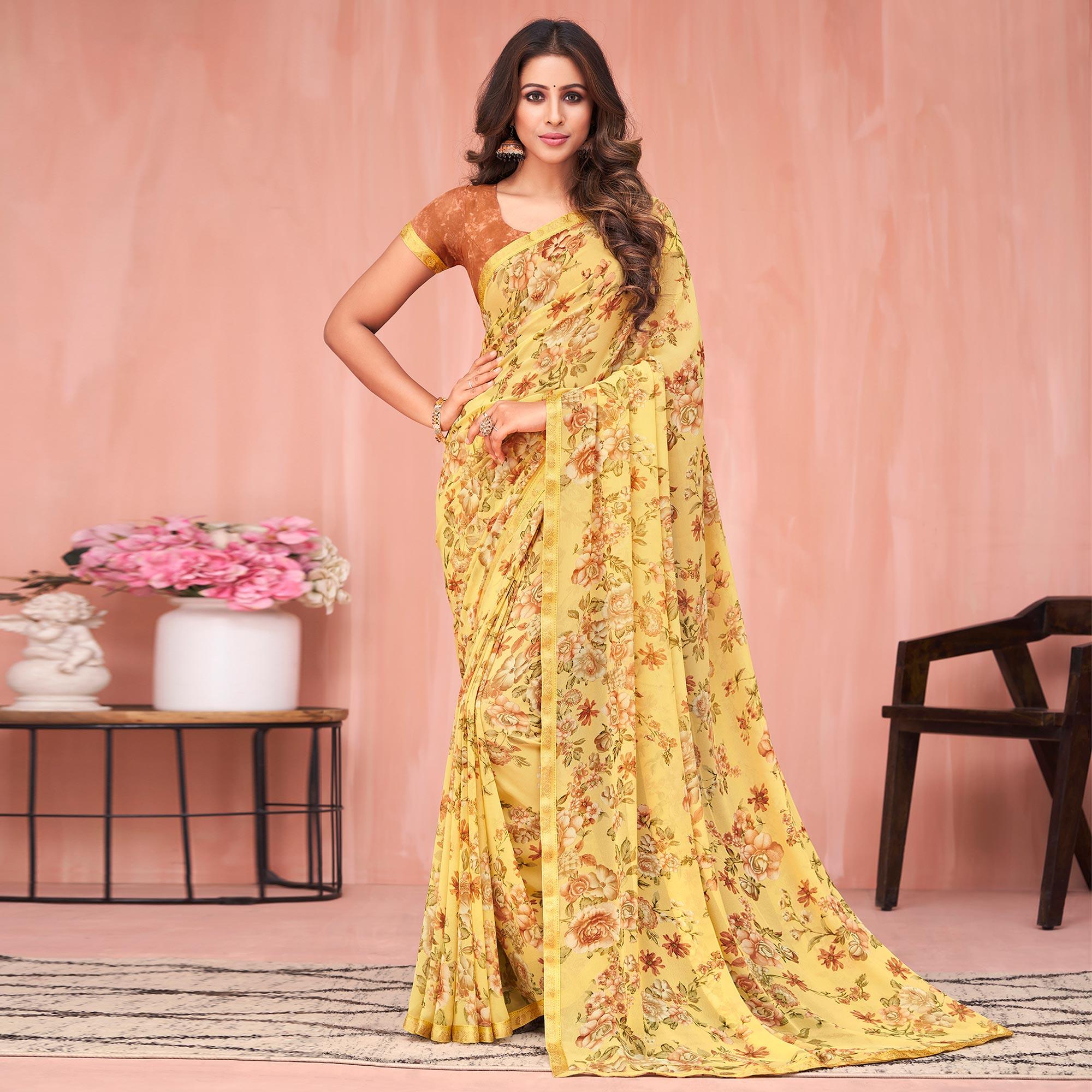 Yellow Floral Printed Georgette Saree - Peachmode